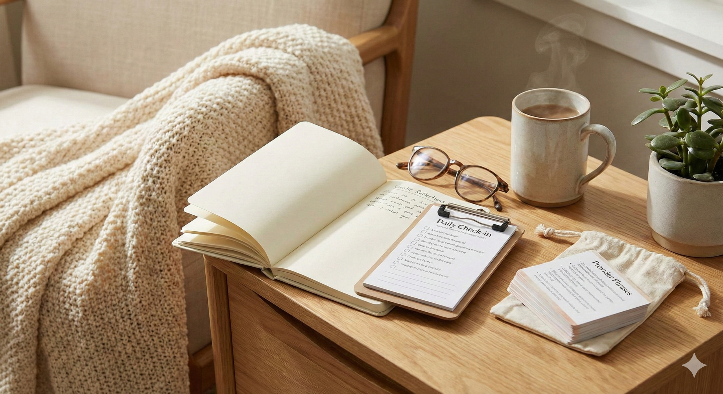 A wooden desk with a cup of steaming coffee, a pair of glasses, an open notebook, a clipboard with a daily check-in sheet, a small stack of provider phrases cards, and a potted succulent, beside a beige upholstered armchair with a knitted blanket draped over it.
