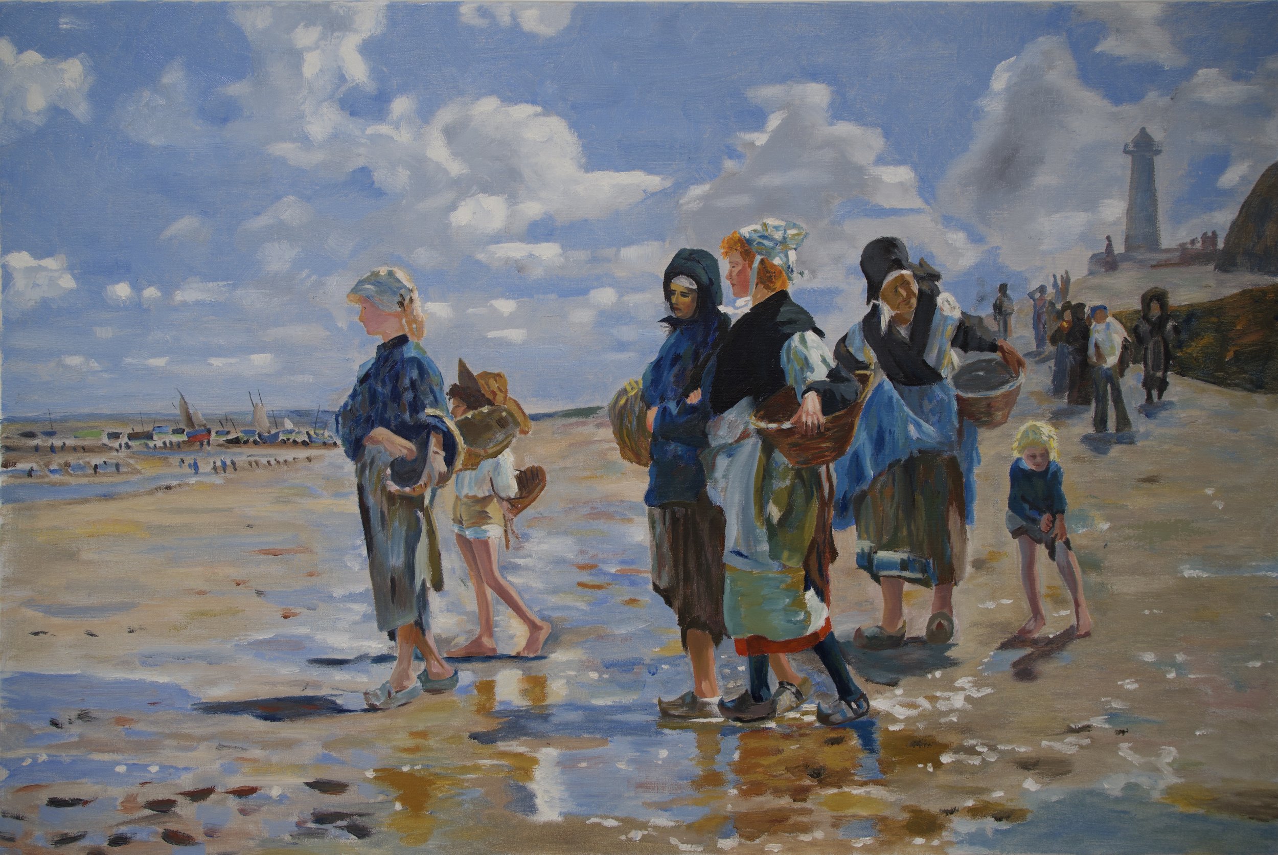 Painting of women and children walking along a beach near a lighthouse under a partly cloudy sky, with windmill in the background.