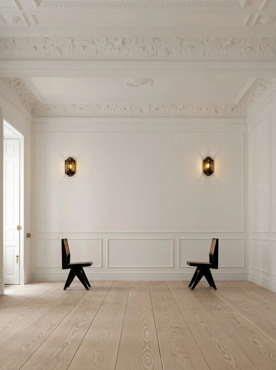 Salle vide avec deux chaises noires, deux lampes murales et un plafond orné de moulures en plâtre