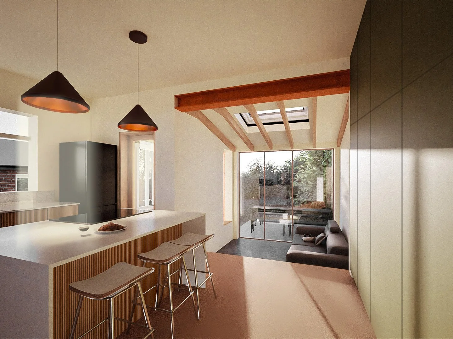 Modern kitchen and living room with high ceiling, hanging pendant lights, a white kitchen island with bar stools, a gray refrigerator, a large sliding glass door, and a cozy sofa near large windows.