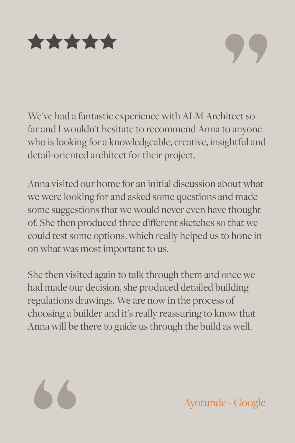 Five black stars, quote marks, paragraph of customer testimonial, signature 'Aytunde - Google'.