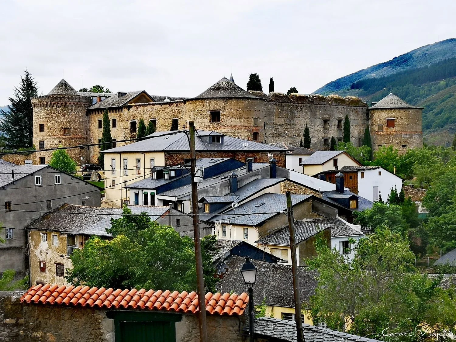 Castillo antiguo en lo alto de una colina, con casas residenciales en primer plano, árboles verdes y colinas en el fondo, en un día nublado.