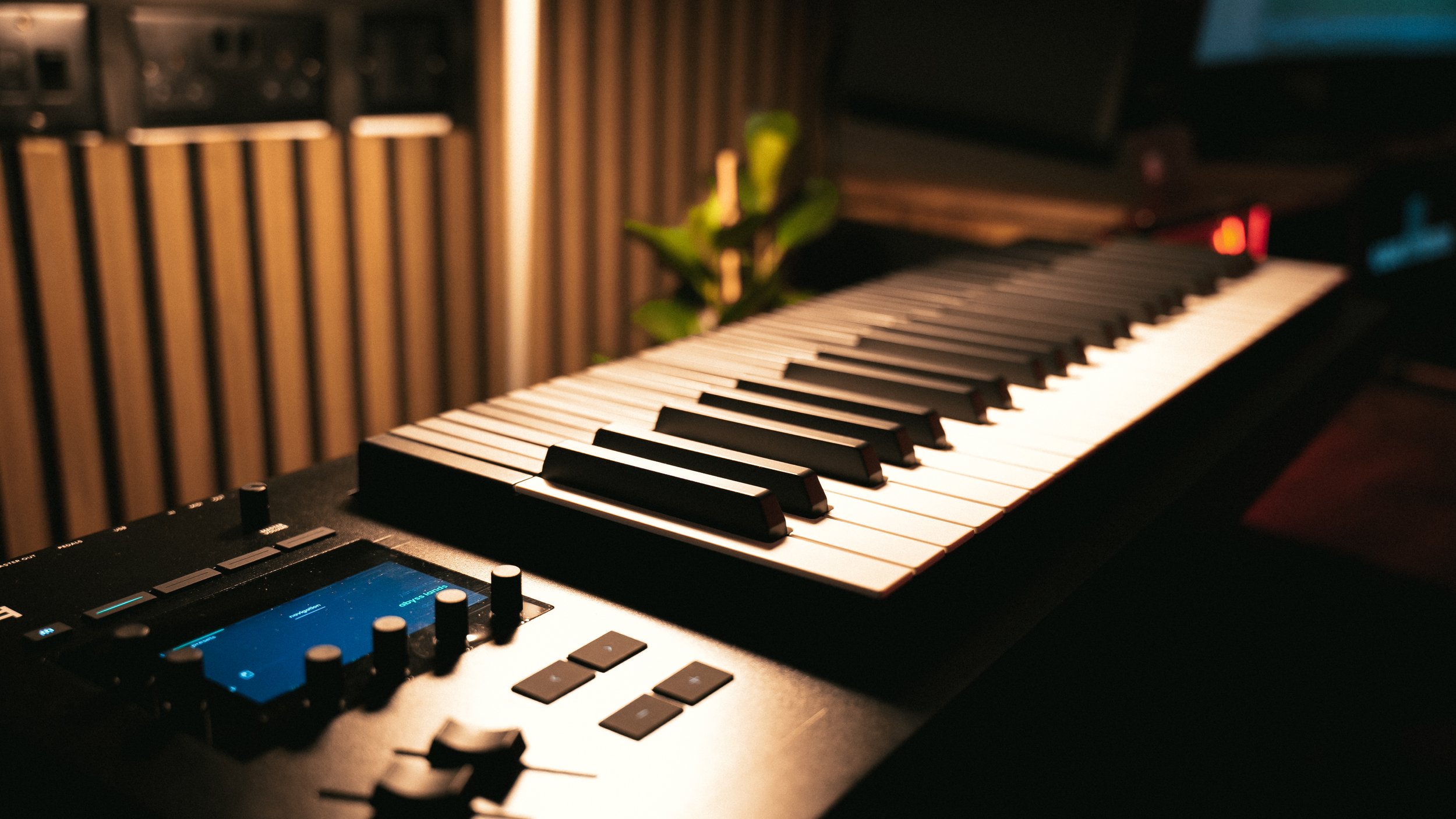 Close-up of a digital keyboard in a dimly lit music studio with wooden walls and a plant in the background.
