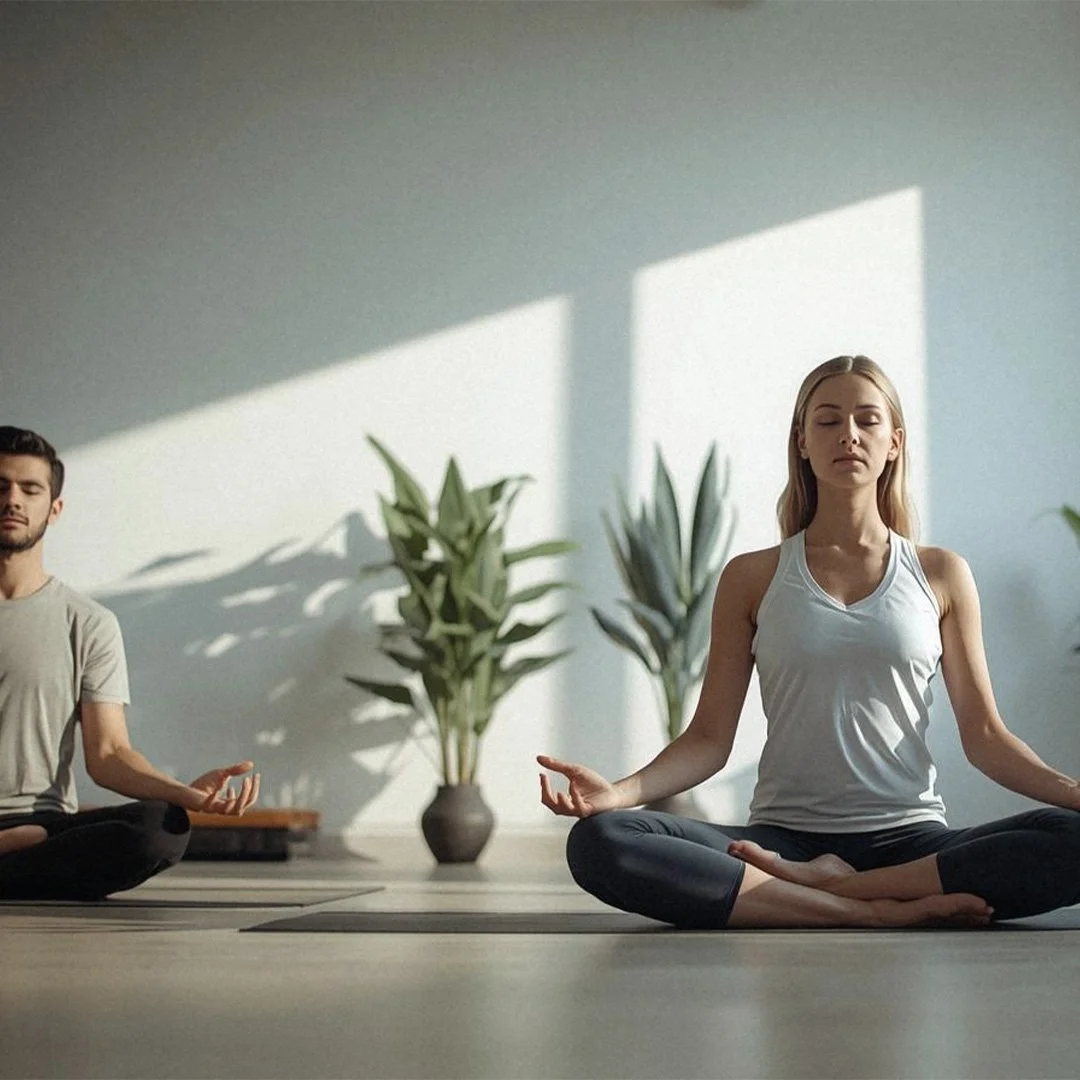 two aTwo adults in easy seated pose during their meditation in group yoga class in London, United Kingdom