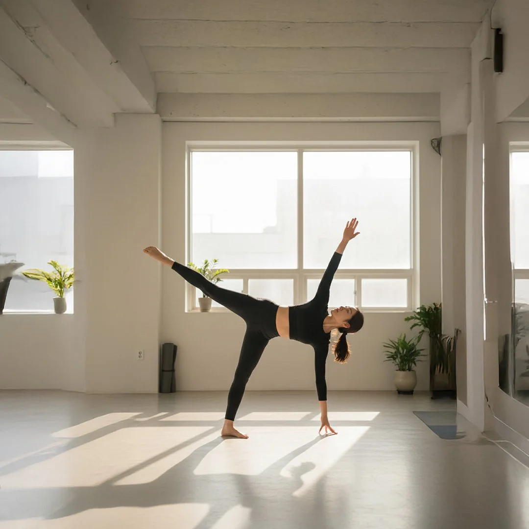 a woman posing a Half Moon yoga pose during the private yoga class in London, United Kingdom