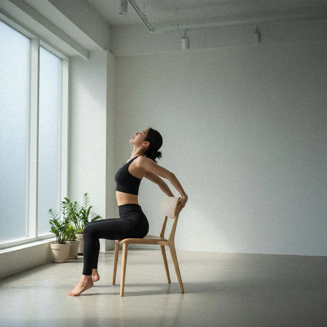 a woman posing a gentle stretch on a chair