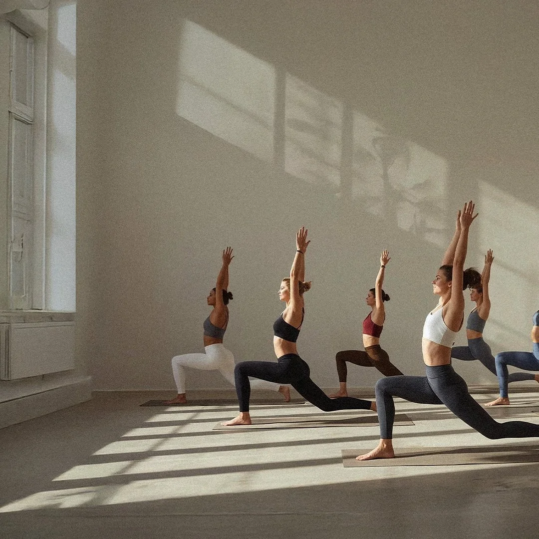 adults posing a Warrior 1 yoga pose during the Slow Flow yoga class in London, United Kingdom
