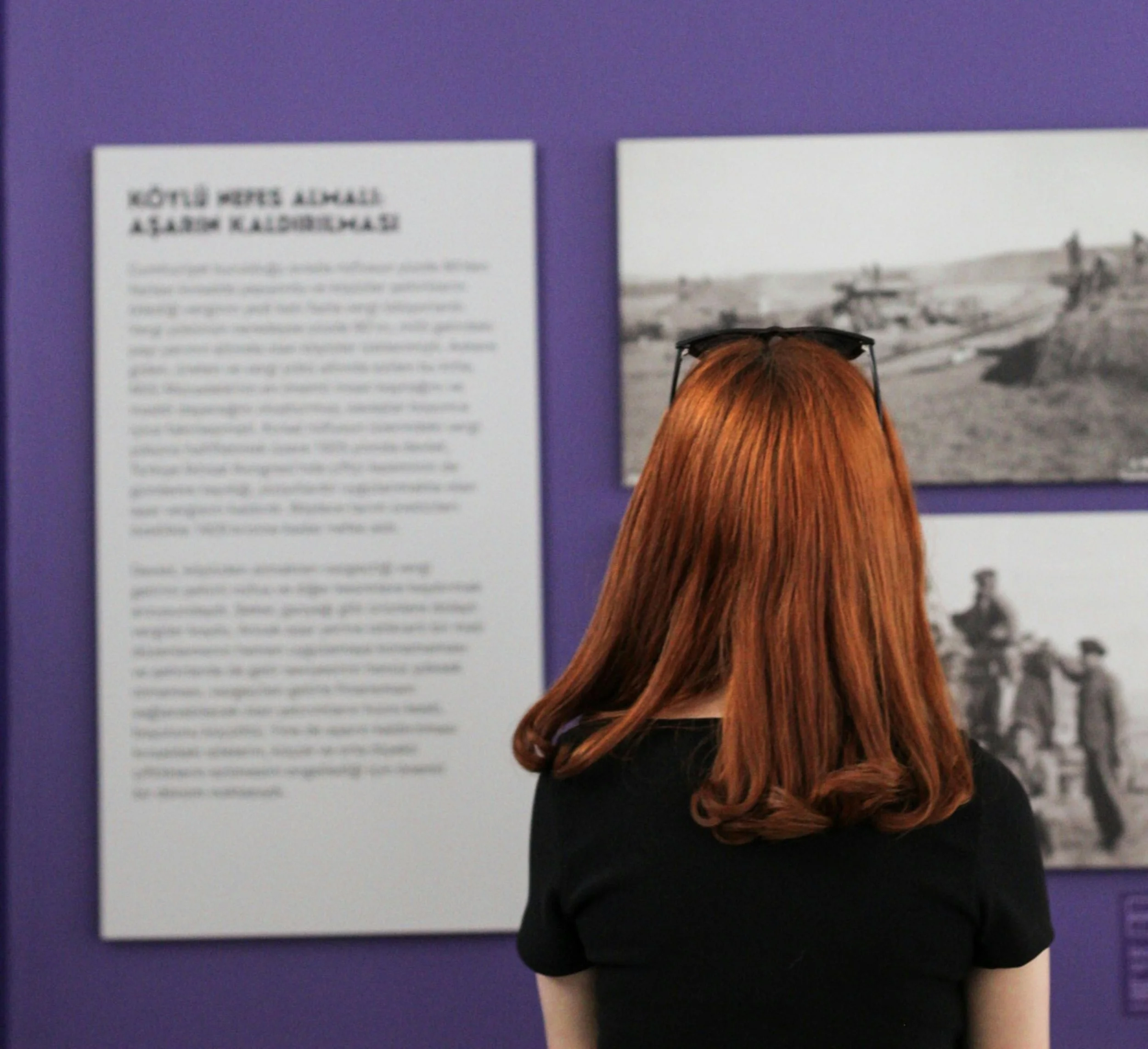 Woman looking at display boards
