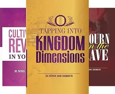 Three book covers with the middle one titled "Tapping Into Kingdom Dimensions" by Dr. Patrick John SSEMBATYA.