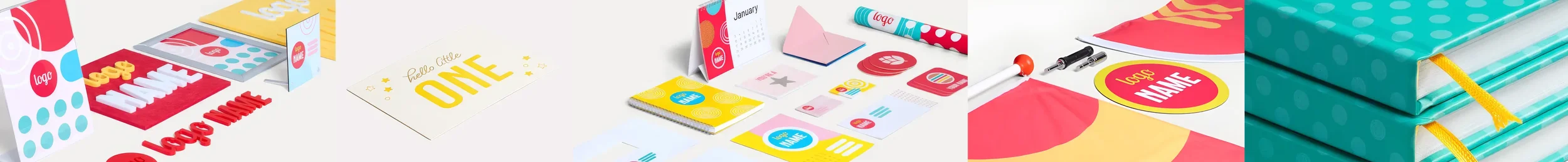 Kleurrijke voorbeelden van drukwerk zoals stickers, visitekaartjes, notitieblokken, promomateriaal en verpakkingen