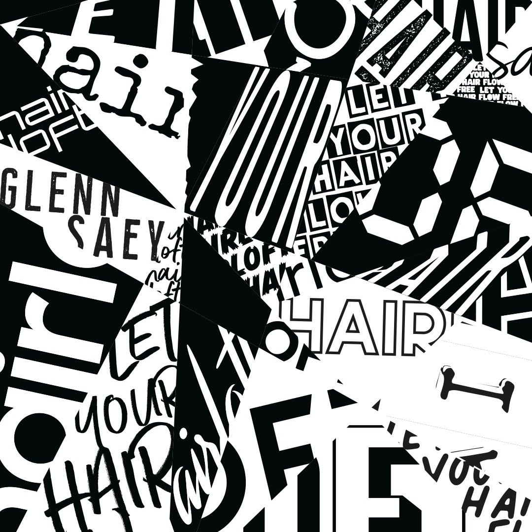 Grafisch typografie patroon voor Hairloft brand identity met dynamische compositie en visuele elementen toegepast in branding en print