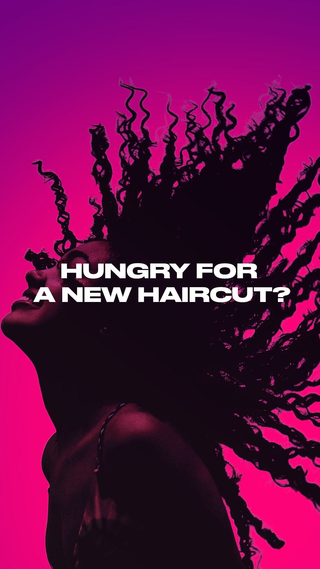 Hairloft campagnebeeld met model en dynamische haardetails op felgekleurde achtergrond dat de krachtige en expressieve branding van het kapsalon benadrukt ontworpen door Brandfold®