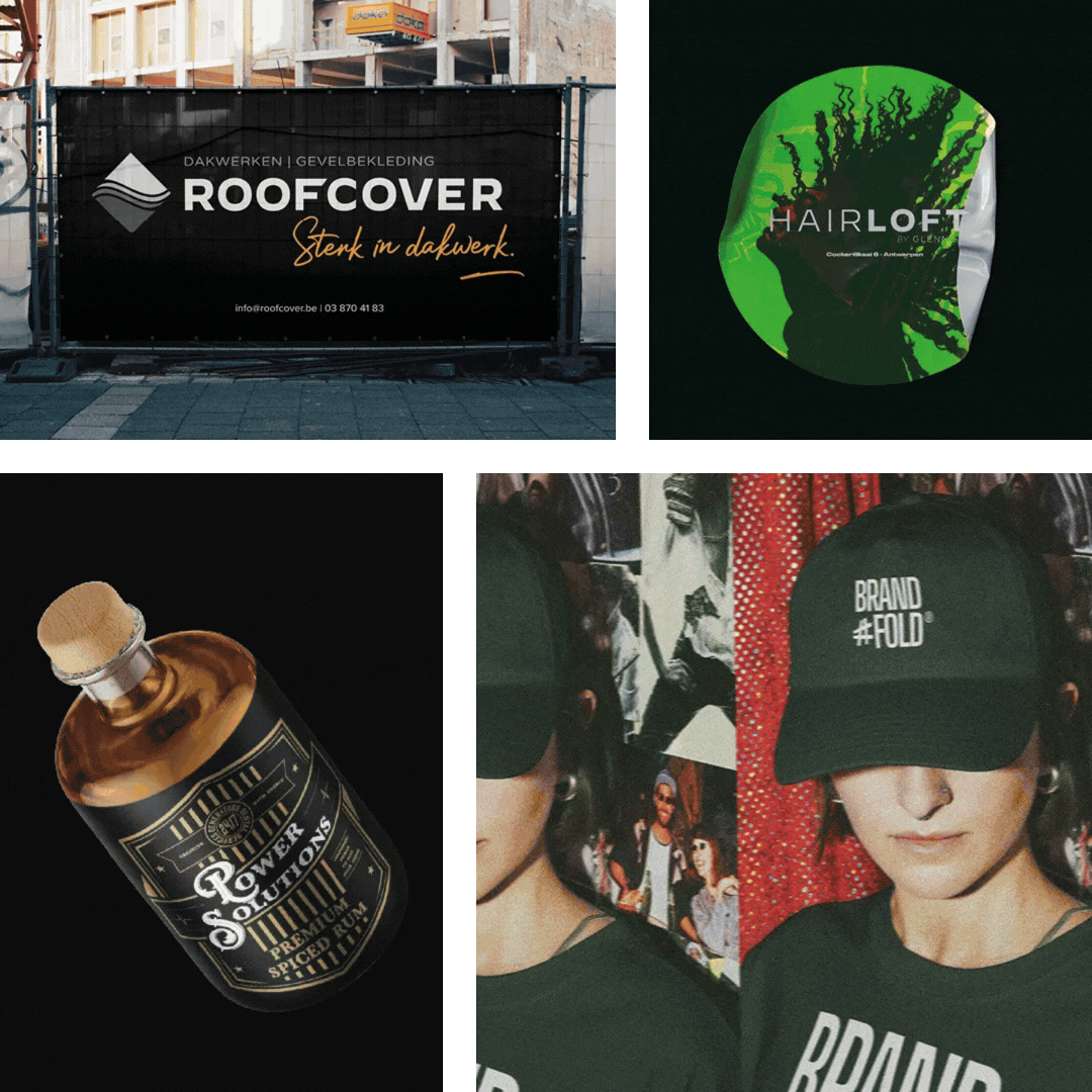 Animatie met stickers, banners, raamstickers en een gepersonaliseerde ginfles als voorbeelden van creatief drukwerk