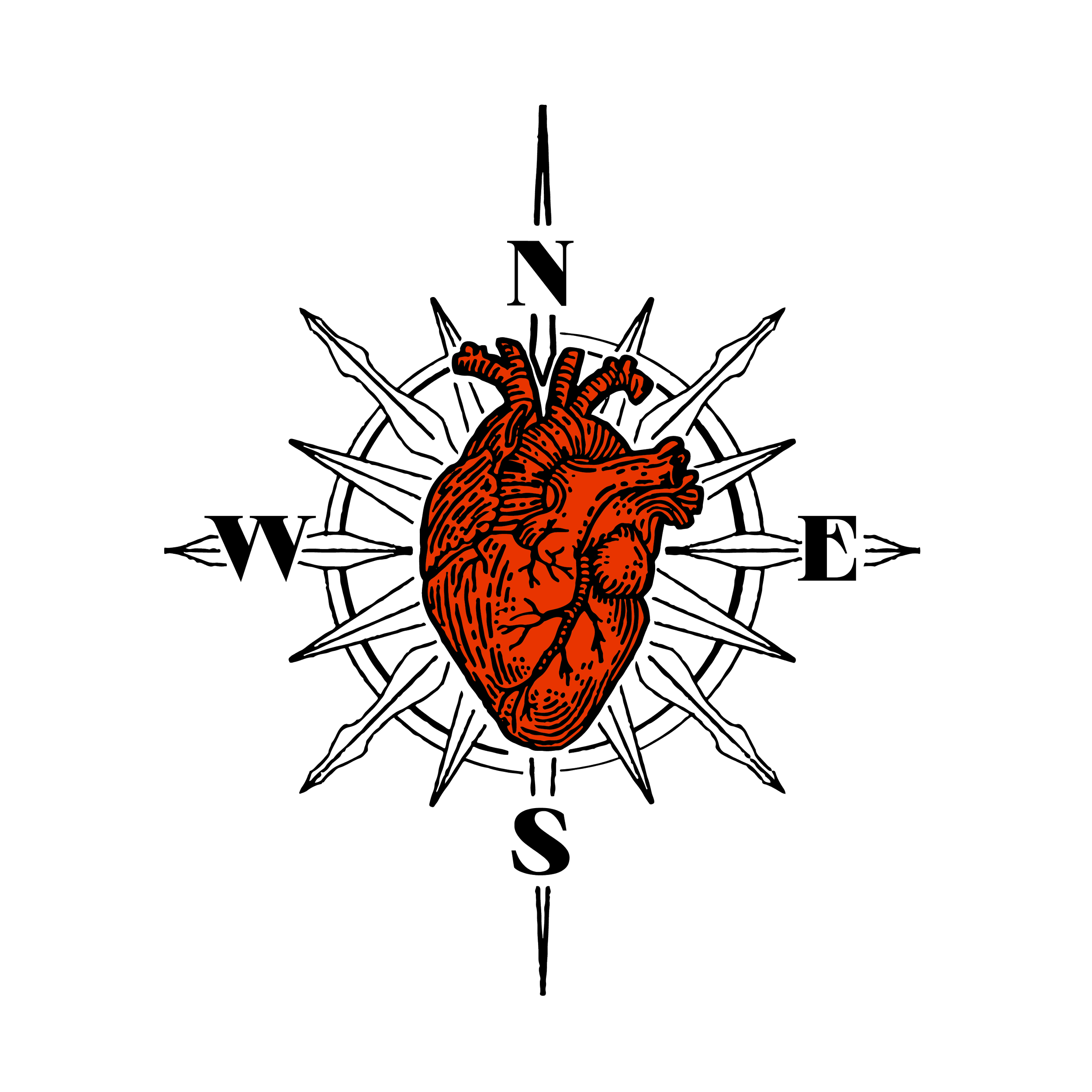 A red anatomical human heart overlaid on a compass rose with cardinal directions on a black background.