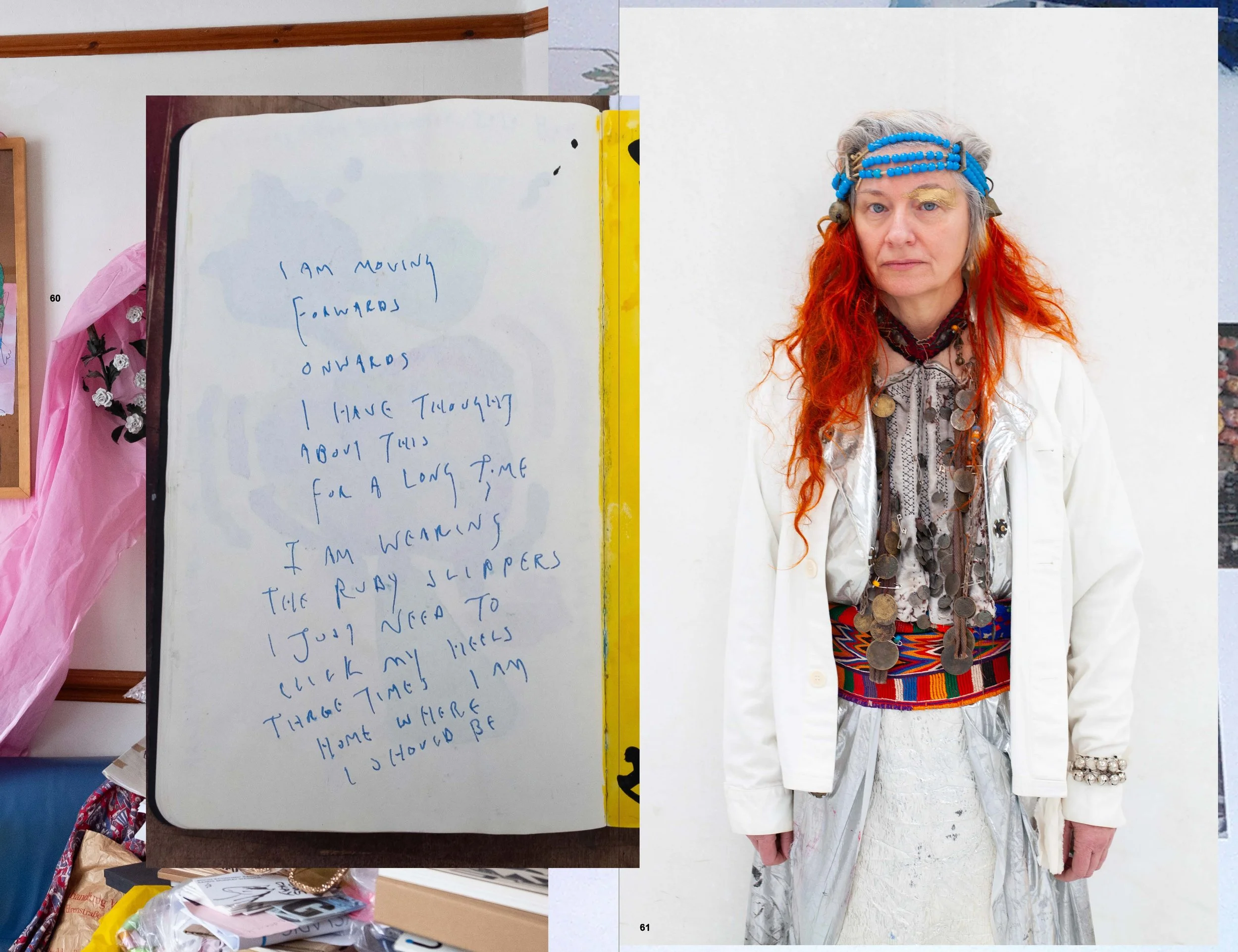 A whiteboard with the handwritten text, 'I am moving forwards onwards I have thought about this for a long time. I am warning the ruby slippers I just need to click my heels three times I am home where I should be.' Next to the whiteboard, a woman wi