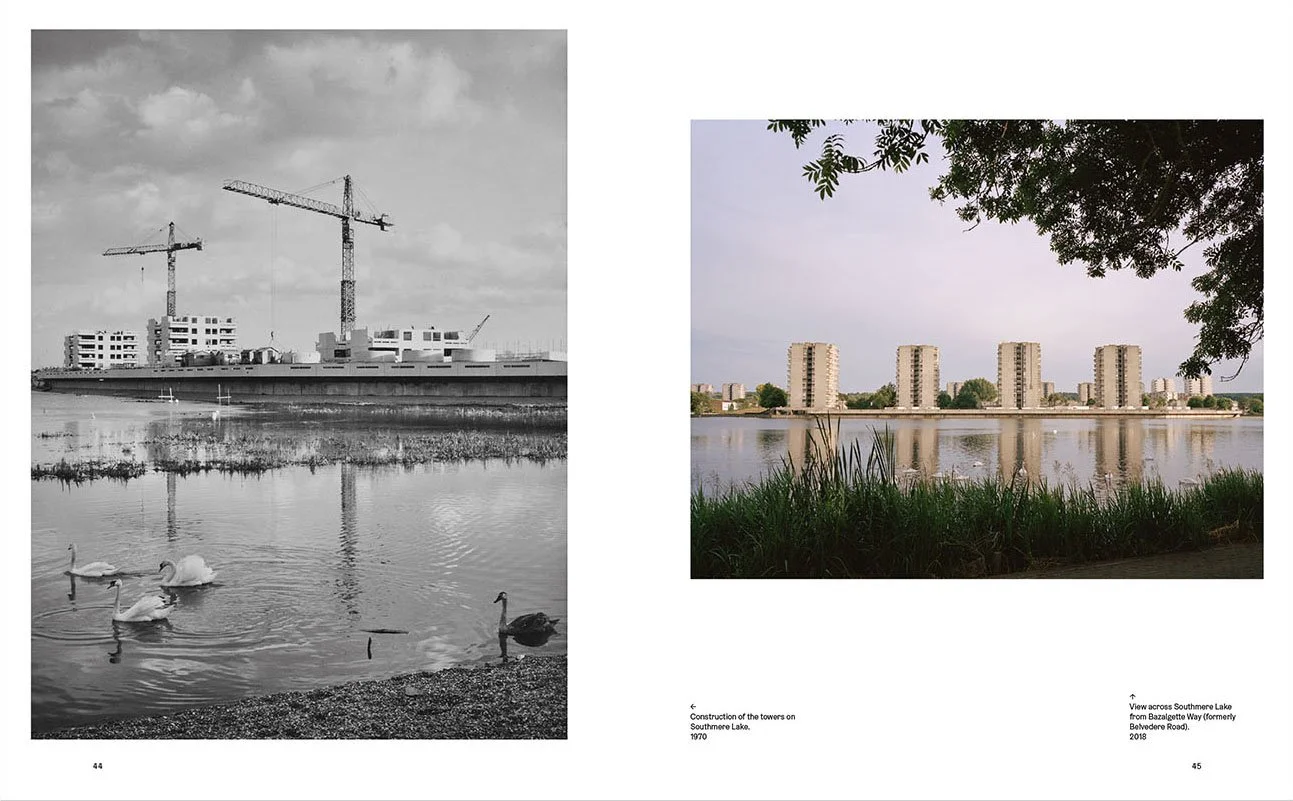 Side-by-side comparison of two photographs of Southmore Lake, one from 1970 showing the construction of towers with cranes, and one from 2018 showing the completed towers reflected in the water with trees and grassy shoreline in the foreground.