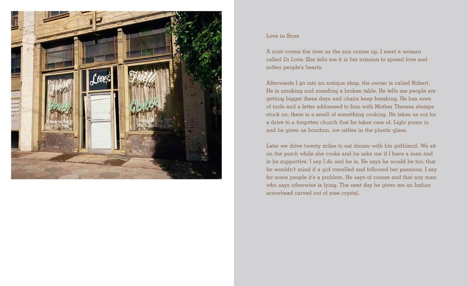 Photo of an old storefront with large windows and colorful neon signs that read "Love," "Faith," "Youth," and "Center."