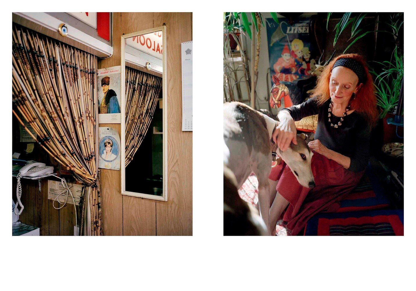 The left side shows a close-up of a wooden restaurant or café interior with a window, a mirror, posters of vintage fashion, a telephone, and a curtain made of wooden sticks. The right side depicts a woman with red hair and a black headband, sitting o
