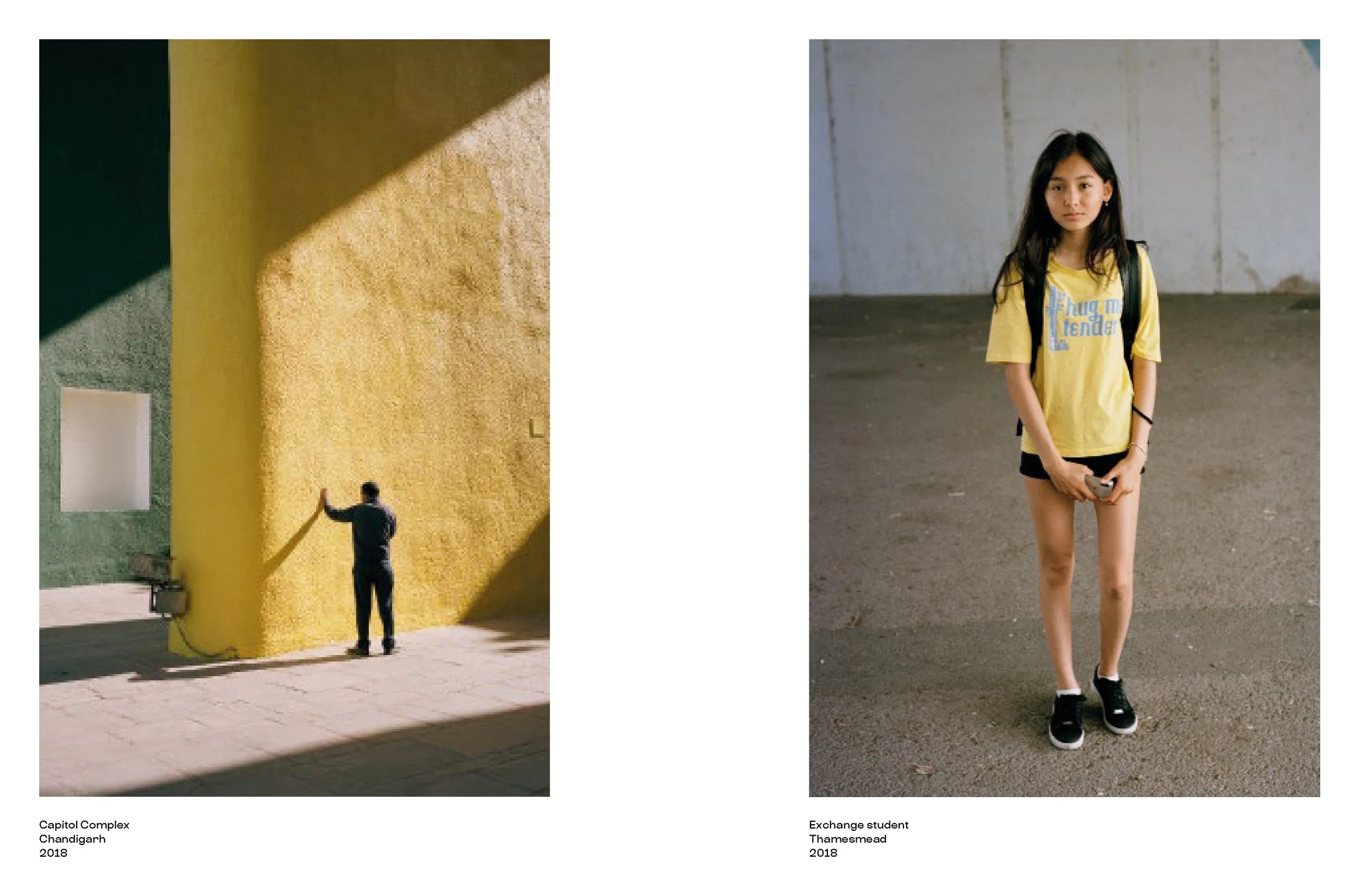 Two photos side by side. The left photo shows a man in a suit touching a large yellow wall with textured surface, with shadows cast on the wall. The right photo features a young girl with long dark hair, wearing a yellow T-shirt with blue text, black