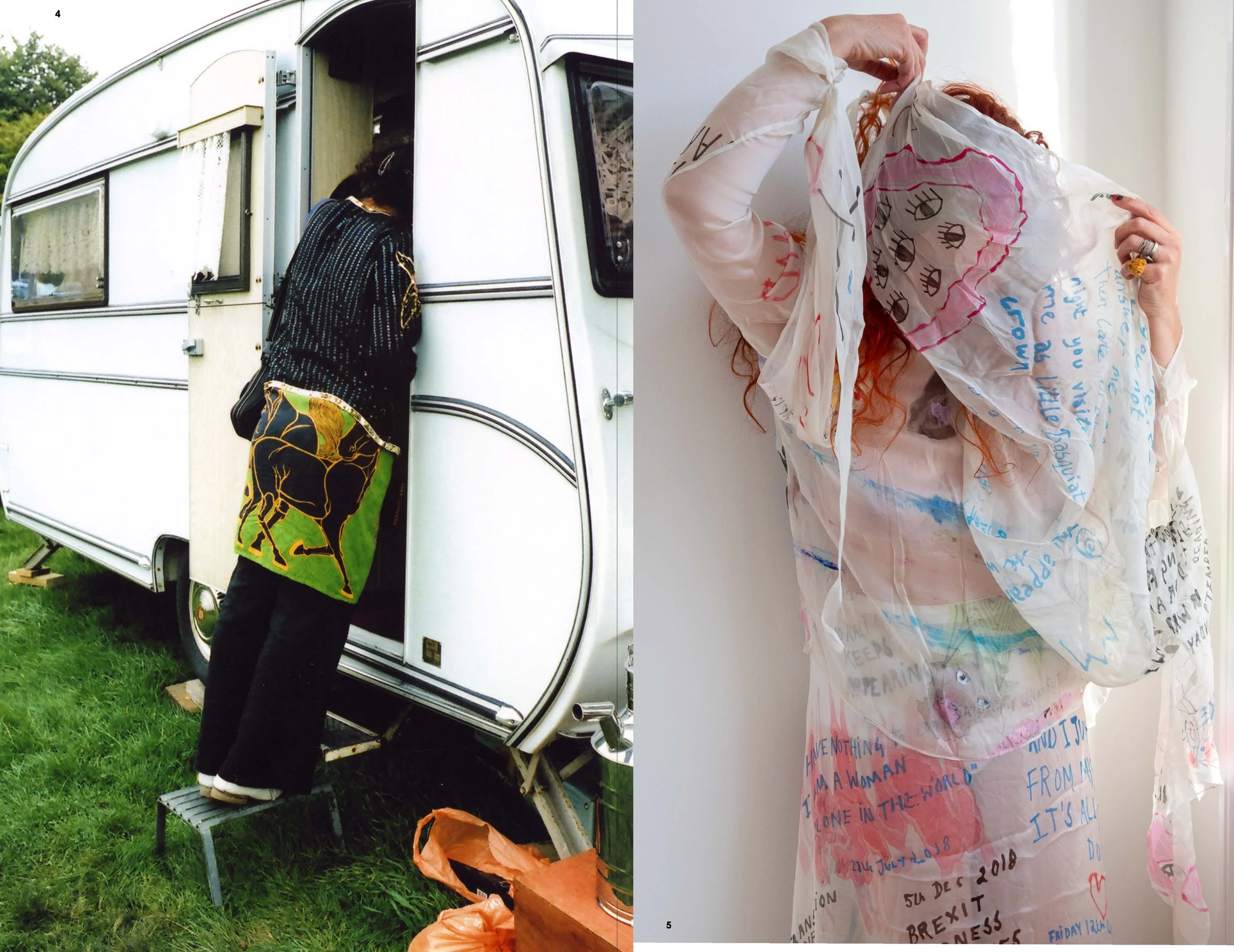 A woman loading a caravan with bags and items outside, and another woman holding a large, transparent plastic bag with handwritten messages and drawings over her face.