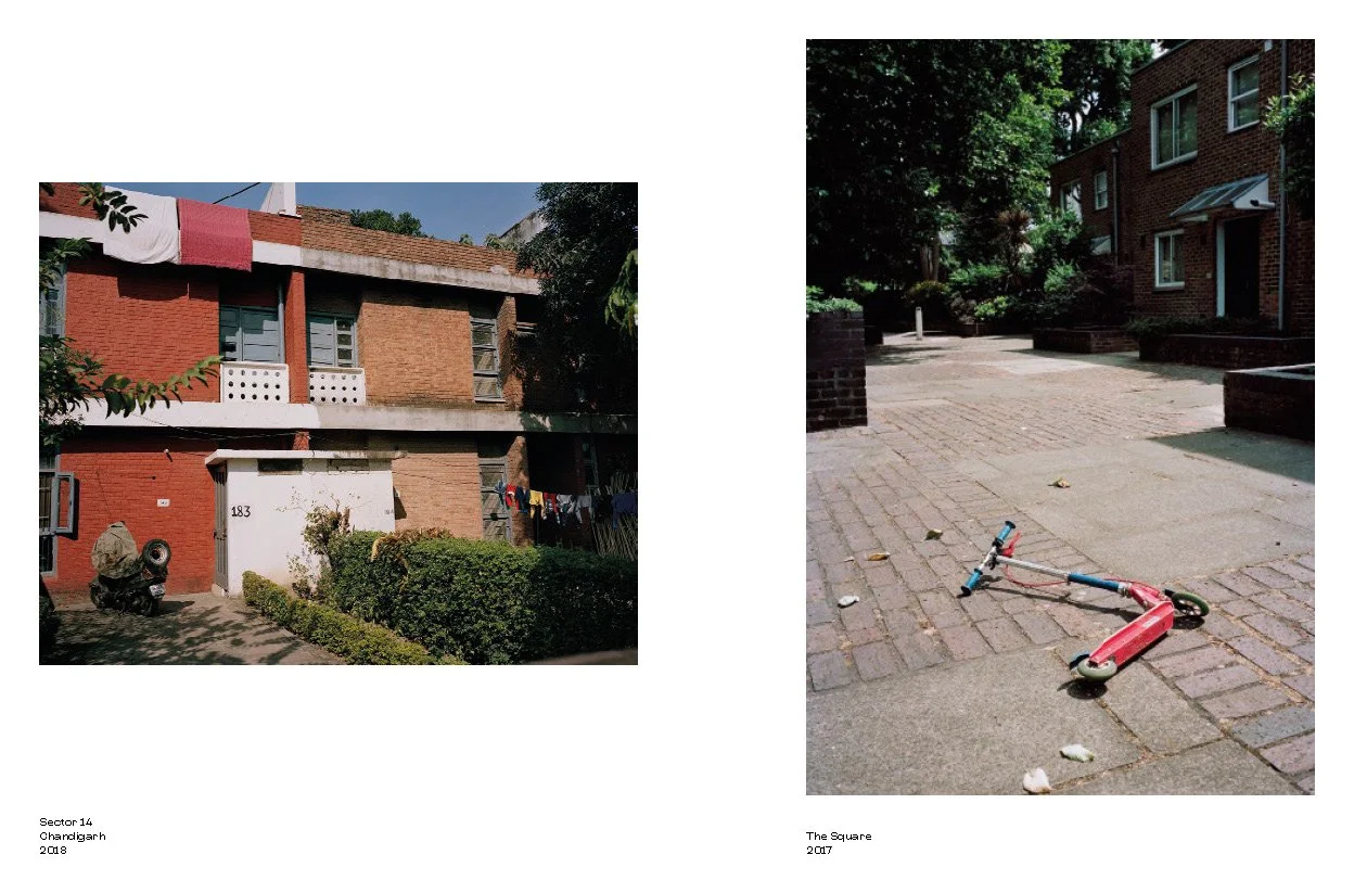 Two photographs of city apartments. The left photo shows a brick apartment building with laundry hanging outside, a scooter, and greenery. The right photo shows an outdoor plaza with a red kick scooter on the ground, surrounded by brick buildings and