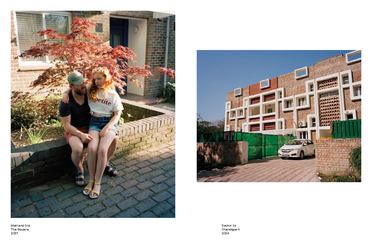 Photo on the left shows a man and a teenage girl sitting on a brick wall outside a house with a red-leafed tree behind them. The man is wearing a cap, black T-shirt, and shorts. The girl has long red hair, a white T-shirt, and shorts. The photo on th