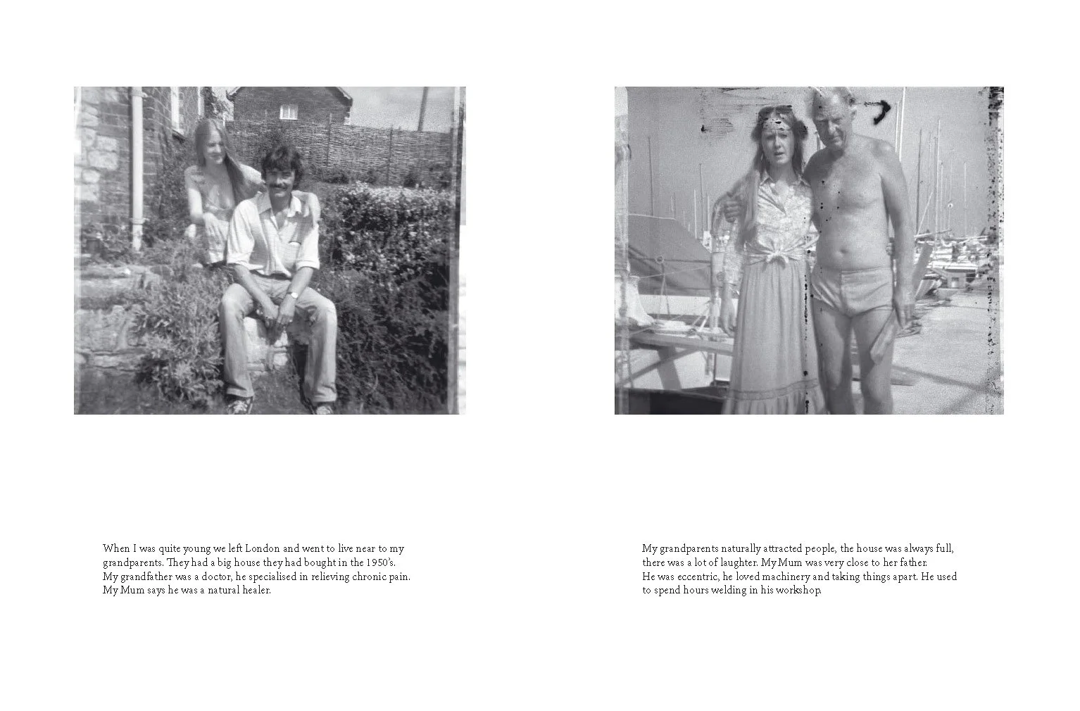 A black and white collage of two vintage photographs and accompanying captions. The left photo shows a young girl and a man sitting outdoors on a stone step garden with a house in the background. The right photo features a woman and a shirtless man s