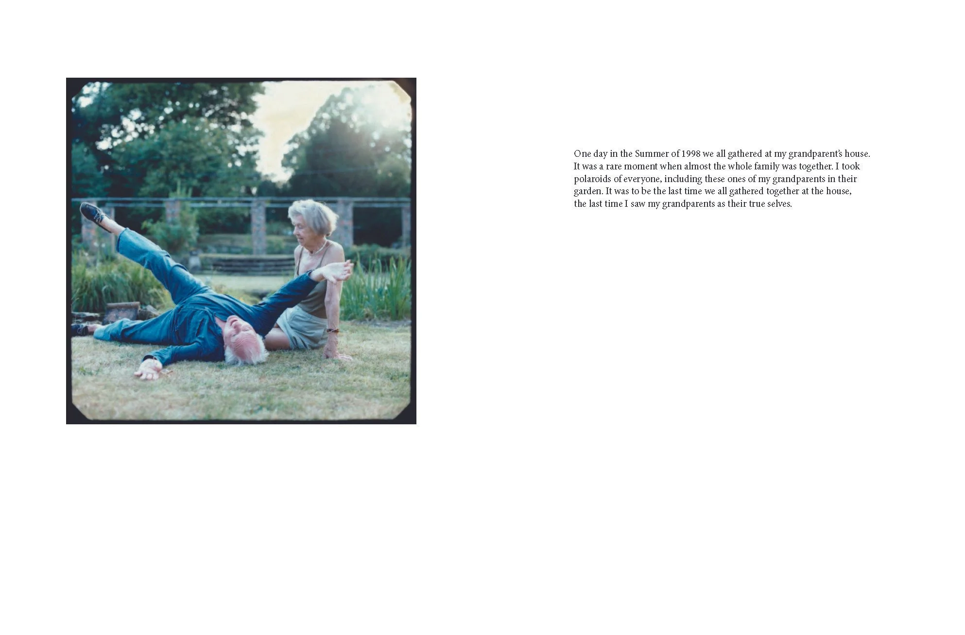 A woman and an elderly person with pink hair playing on a lawn in a garden, with the woman sitting and the elderly person lying on the grass, raising one leg in a playful pose, during late afternoon sunlight.