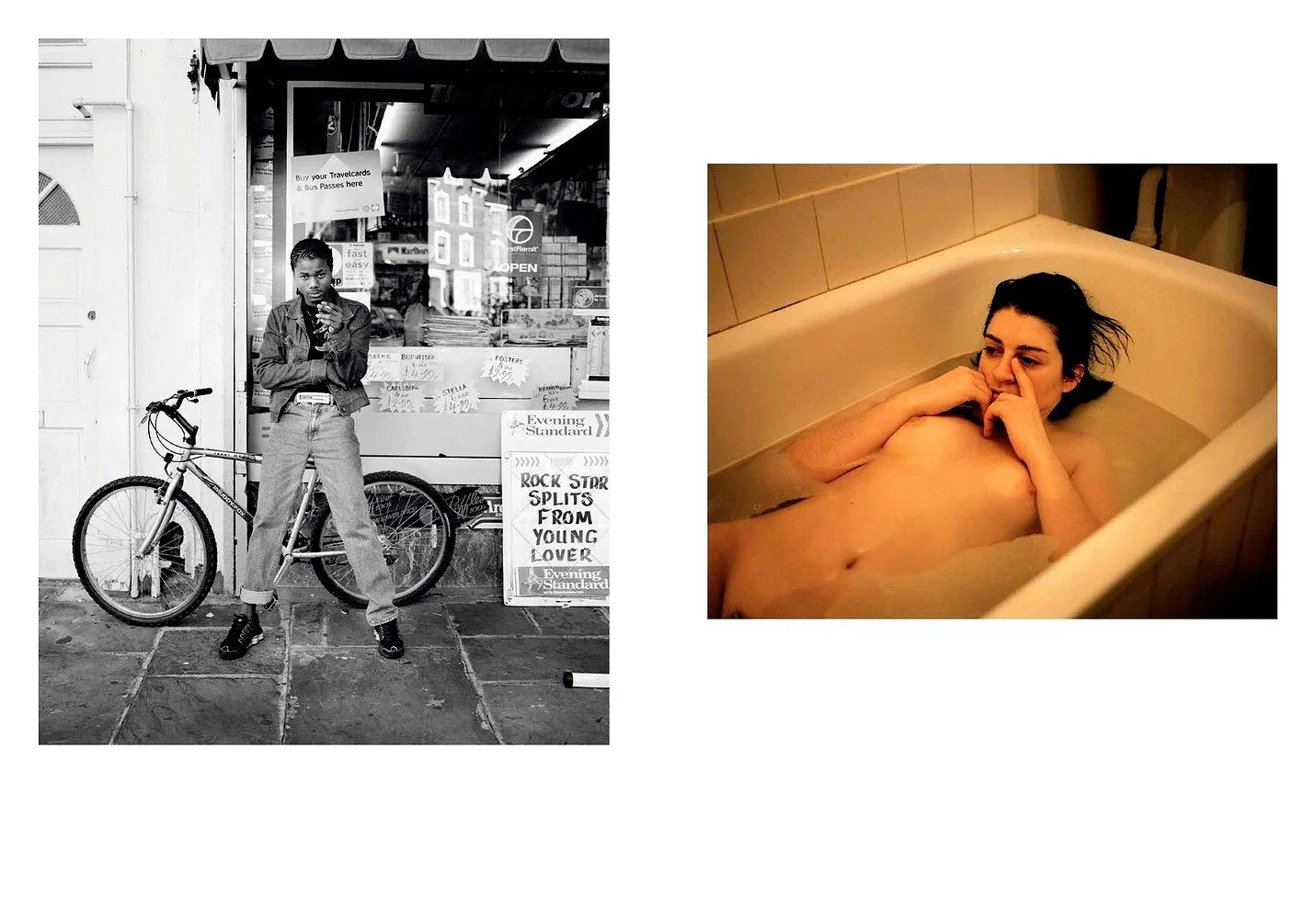 A black-and-white photo of a young woman standing in front of a store, with a bicycle leaning against the wall, and a woman lying in a bathtub filled with water.