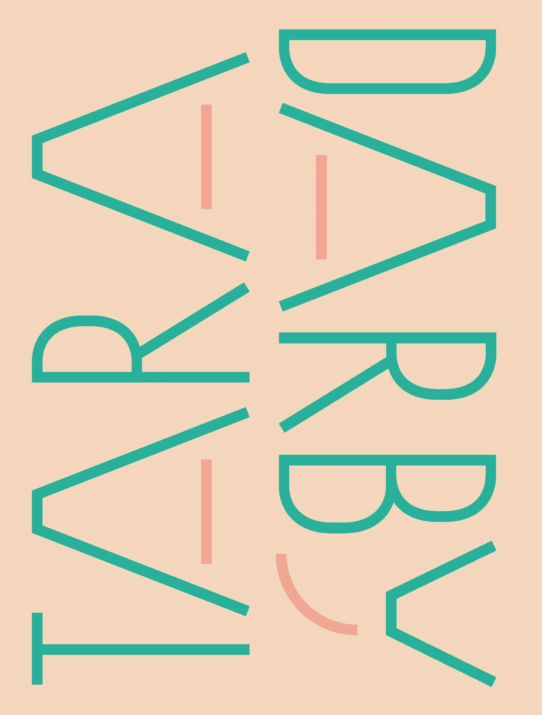 Abstract geometric artwork with bold teal lines, pink accents, and a beige background.