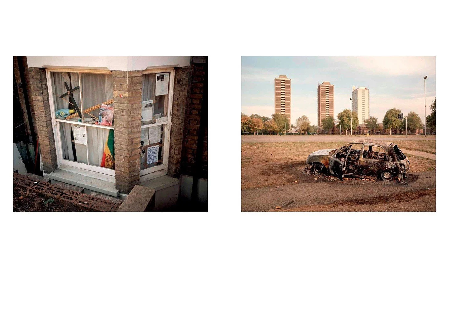 Left: a broken window with boarded-up and cluttered interior; right: a burnt-out car wreck in an open field with city buildings in the background.
