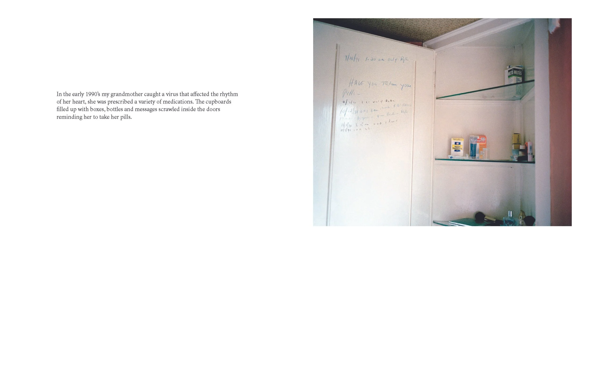 Image of a white medicine cabinet with shelves containing various medication bottles and boxes, partially open door.