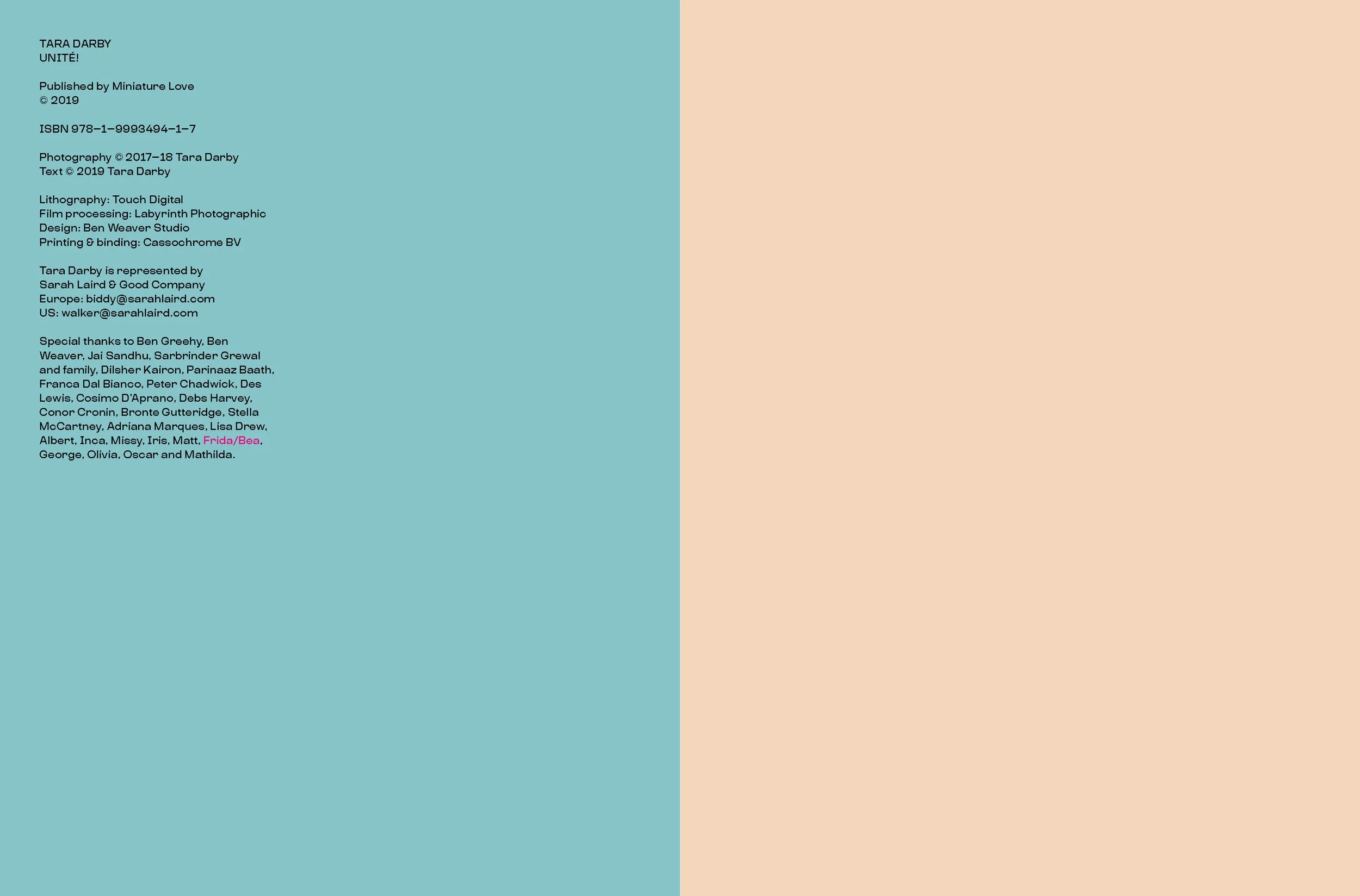 A two-page spread with the left page containing text information about a book titled 'Tara Darby United!' published by Miniature Love, including copyright details, ISBN, photography, text, lithography, design, printing, and binding credits, along wit