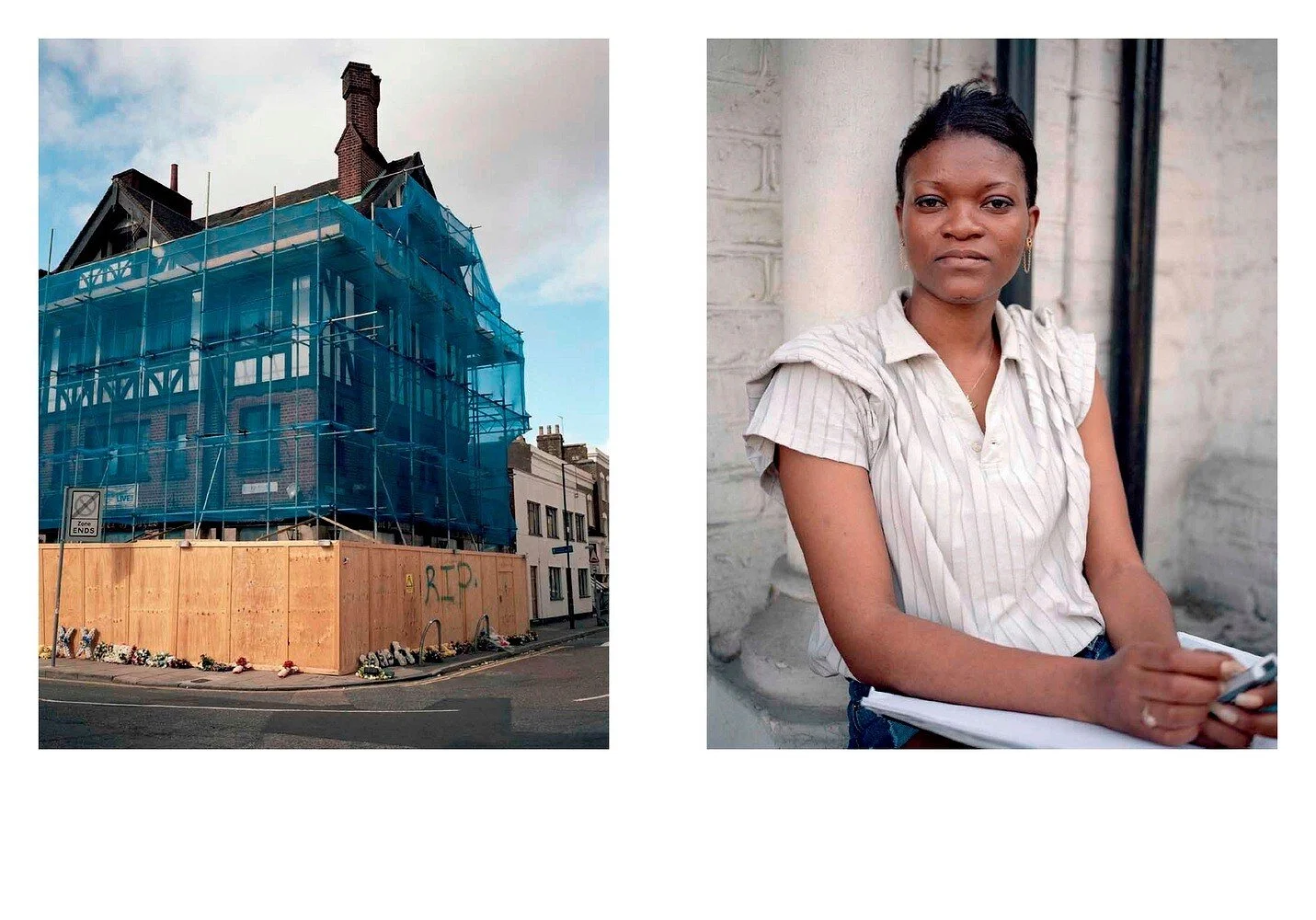 A construction site with a partially built house covered in blue netting on the left, and a woman with short black hair wearing a white striped shirt sitting near a white brick wall and holding a phone on the right.
