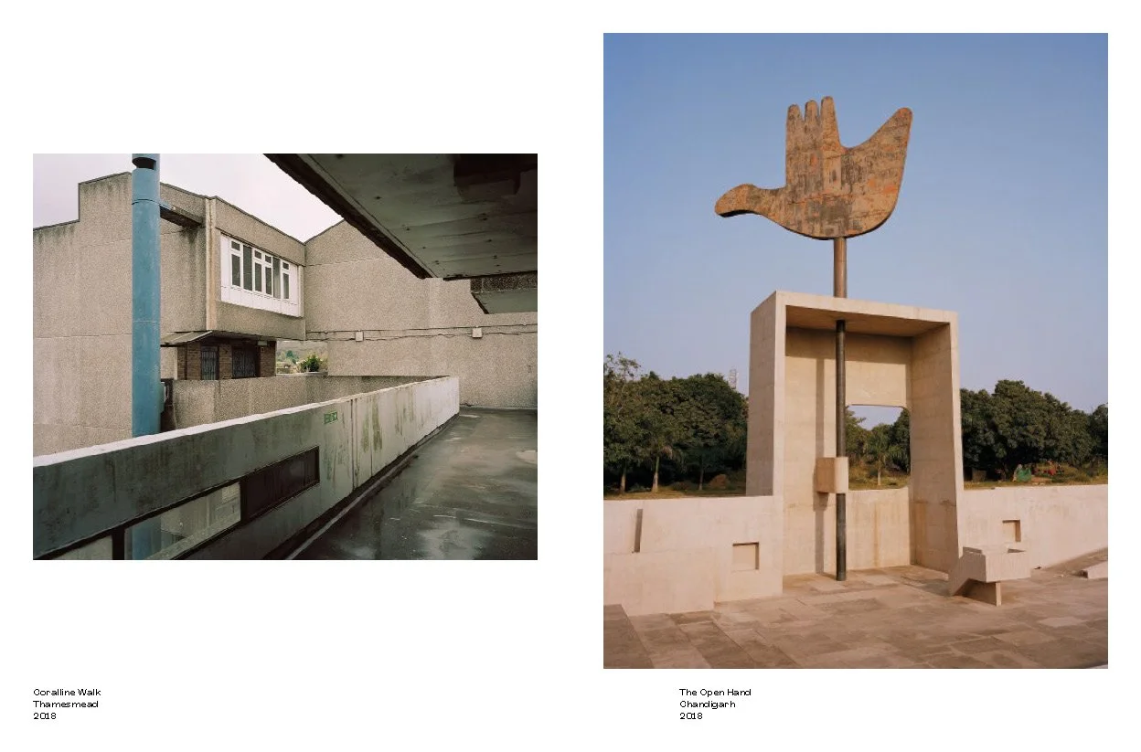 Two photographs of sculptures and public art installations from 2018. The left photo shows a modern concrete walkway with moss and weathering, part of Coraline Walk in Thamesmead. The right photo depicts a large metal sculpture of an open hand, calle