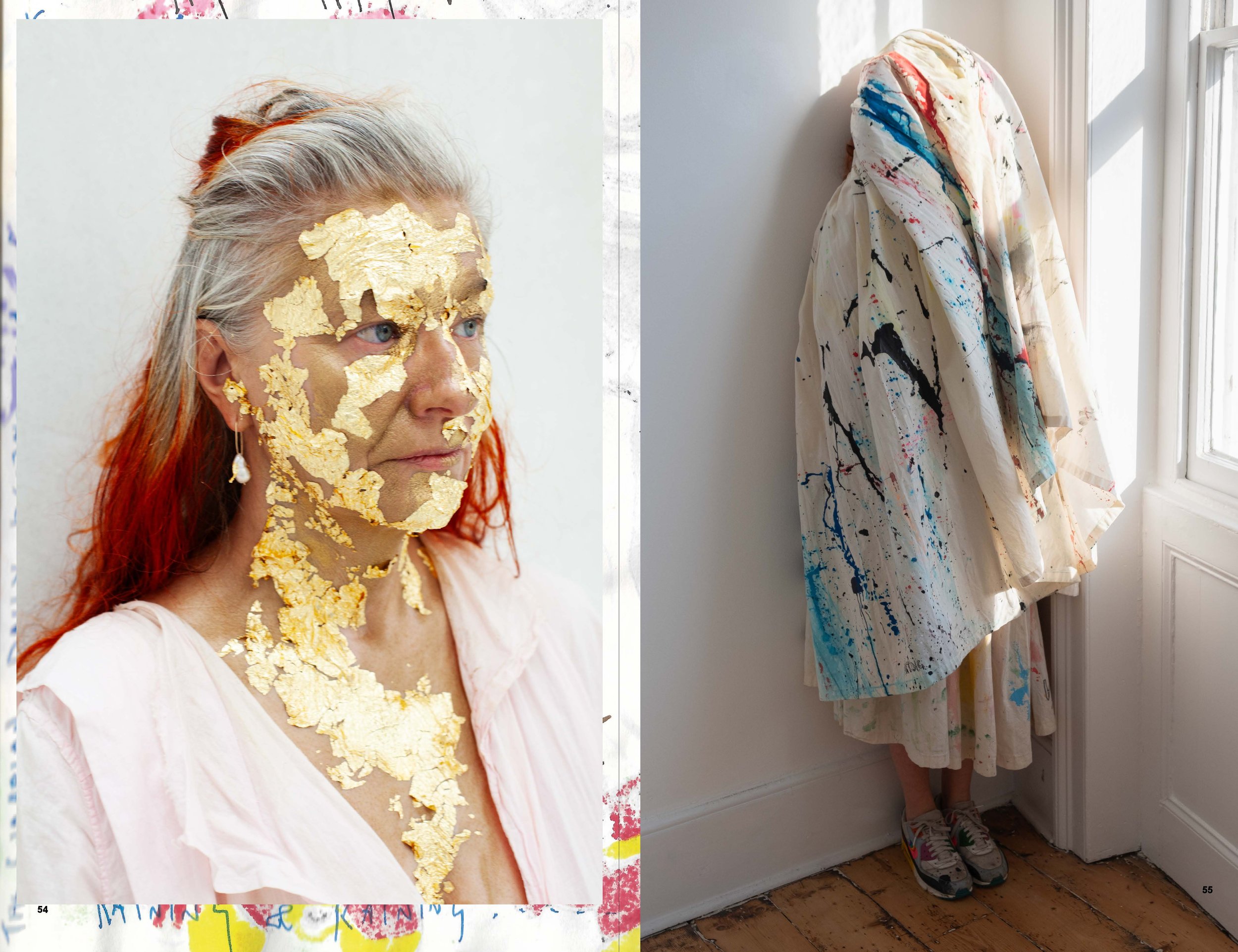Left image: Woman with long gray and red hair, gold leaf on her face and neck, wearing a pale pink top. Right image: Person standing with their head and upper body covered by a white fabric with multicolored paint splatters, wearing sneakers, next to