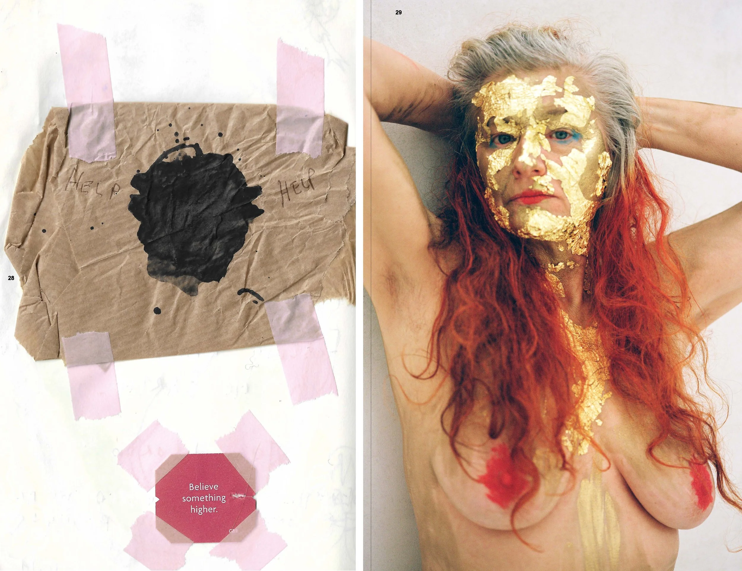 A mixed media artwork featuring a crumpled brown paper with black ink blot and handwritten words 'Help' and 'Help' on the left, and a woman with red hair and gold leaf face and body paint on the right.