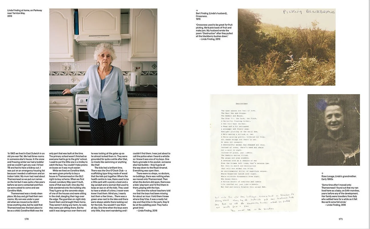 Page 170 shows a woman standing in a kitchen with white cabinets and appliances. Page 171 features three photographs: a landscape with someone picking blackberries, a handwritten note, and a black-and-white portrait of a smiling woman with flowers in