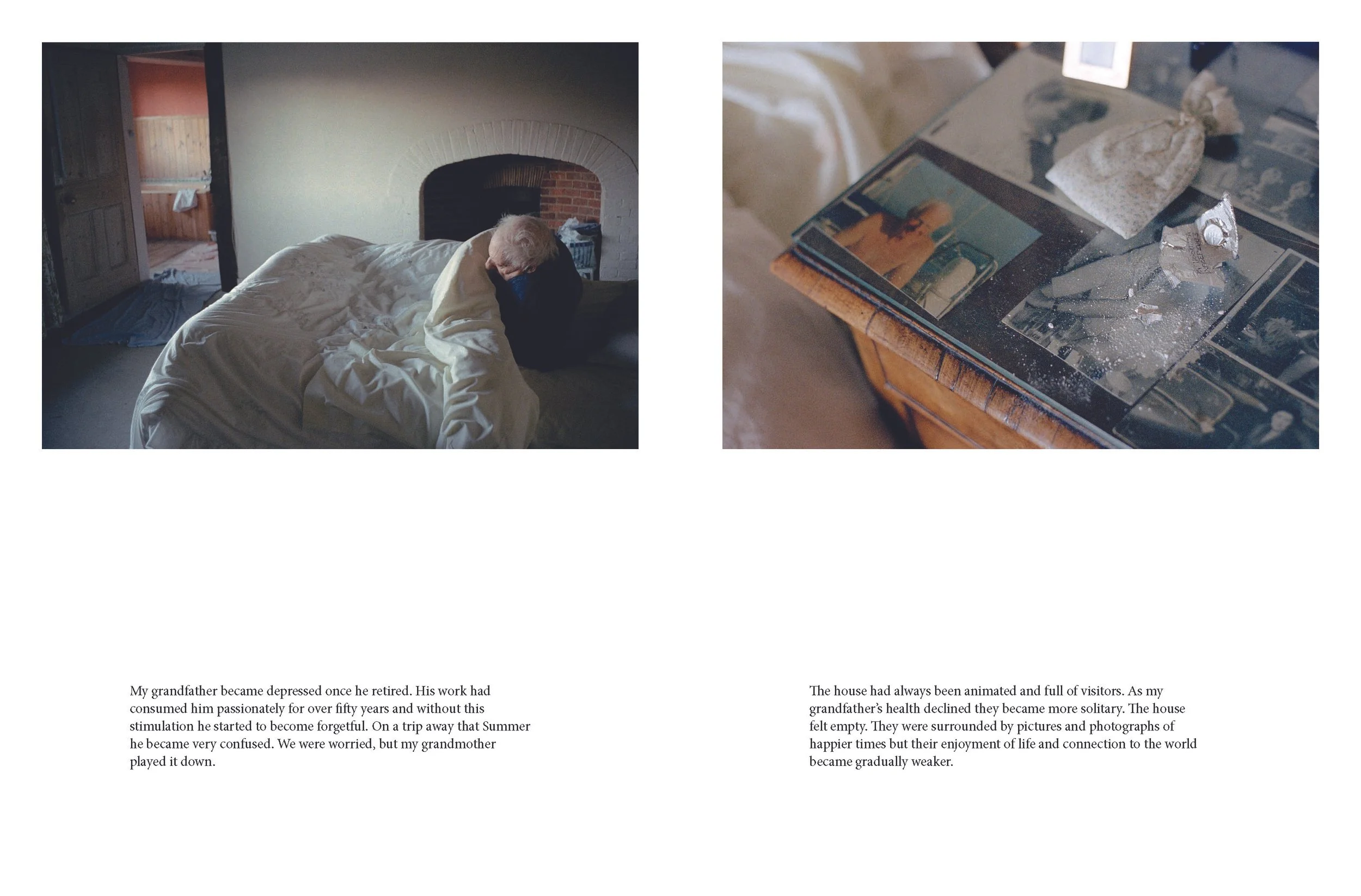 Photo of an elderly person lying in bed, with a broken photo album on a table nearby.
