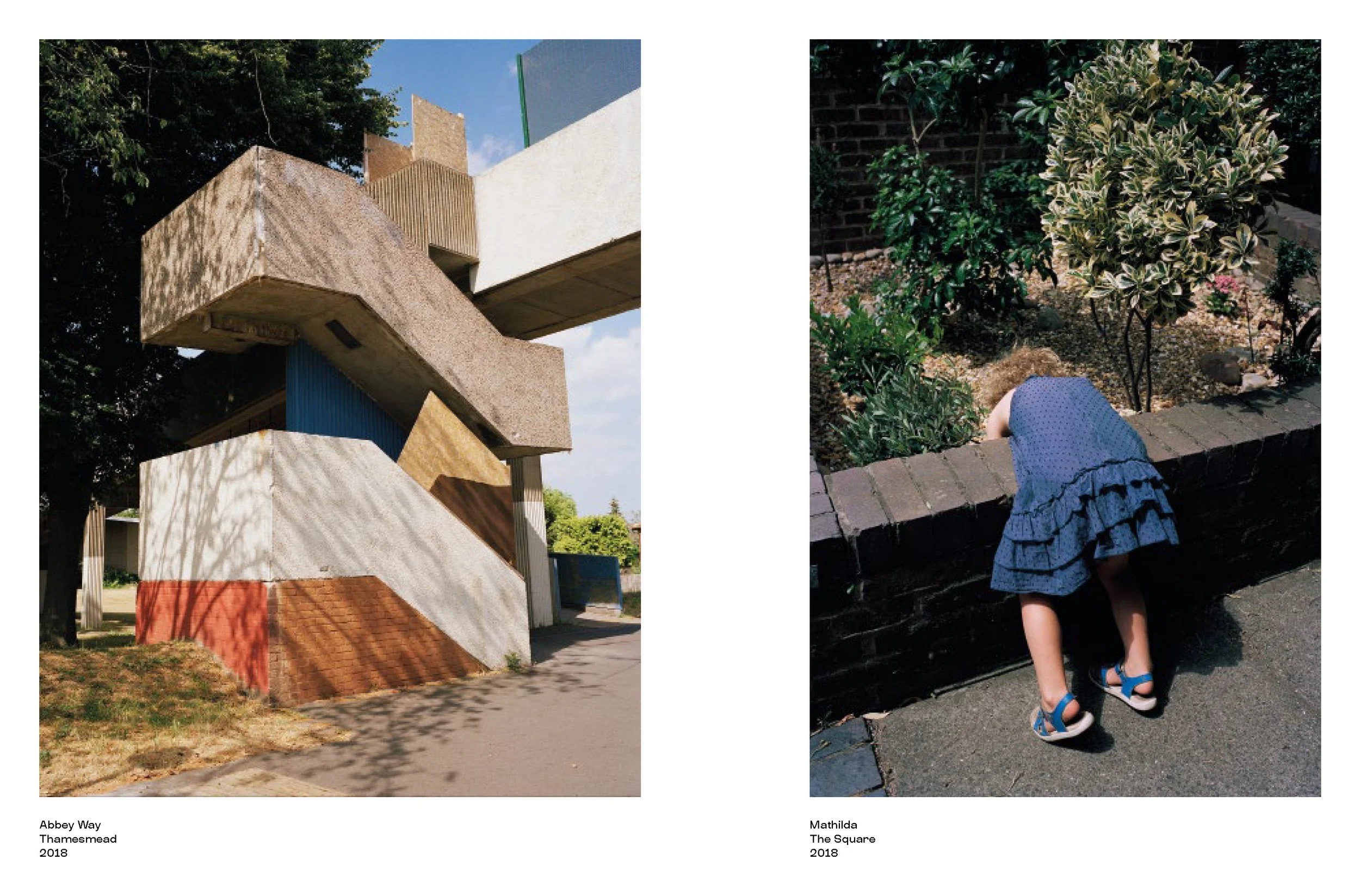 Two photographs side by side. The left photo shows a modern architectural building with layered sections made of concrete, wood, and colored panels, situated under a large tree. The right photo depicts a girl in a blue dress and sandals bending over 