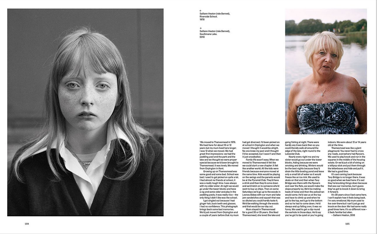 Side-by-side of two photographs: on the left, a black-and-white portrait of a young girl with straight hair, wearing a blazer and a necklace, looking at the camera with a serious expression; on the right, a color photo of an older woman with short bl