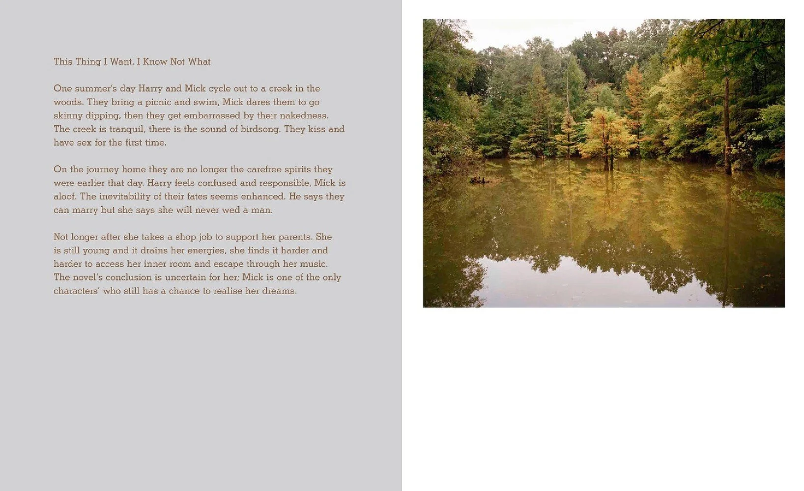 A photograph of a peaceful pond surrounded by trees with green and orange foliage, reflecting in the calm water.
