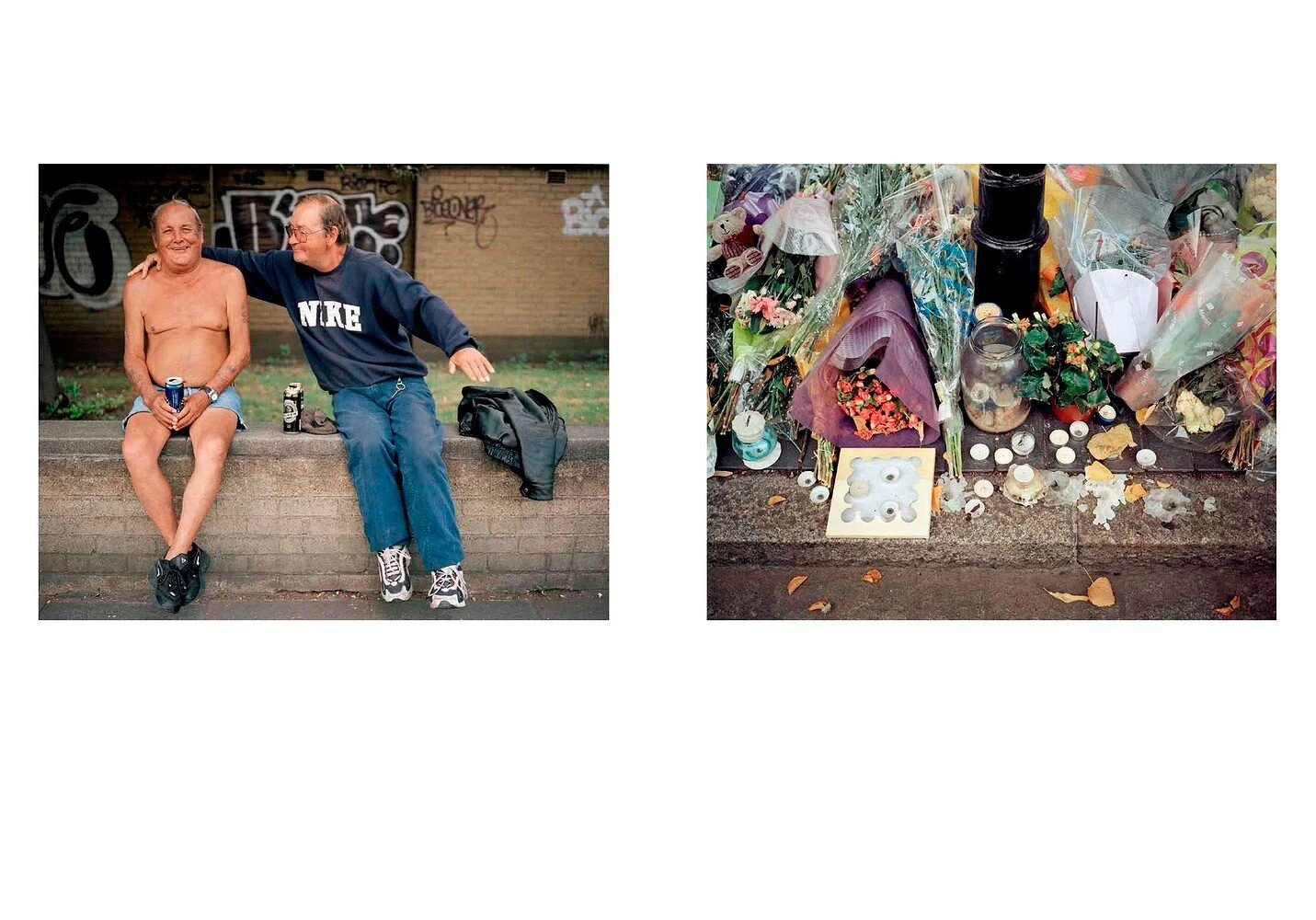 Side-by-side images: the left shows two men sitting on a park ledge, one shirtless holding a drink, the other wearing a Nike sweatshirt, smiling and joking; the right shows a collection of flowers and candles, likely a memorial site.