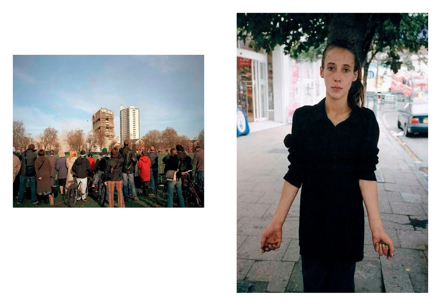 Left side: a crowd of people outdoors in a park with trees and buildings in the background. Right side: a young woman with long brown hair in a ponytail, wearing a black dress, standing on a city sidewalk under a tree, holding her phone in one hand.