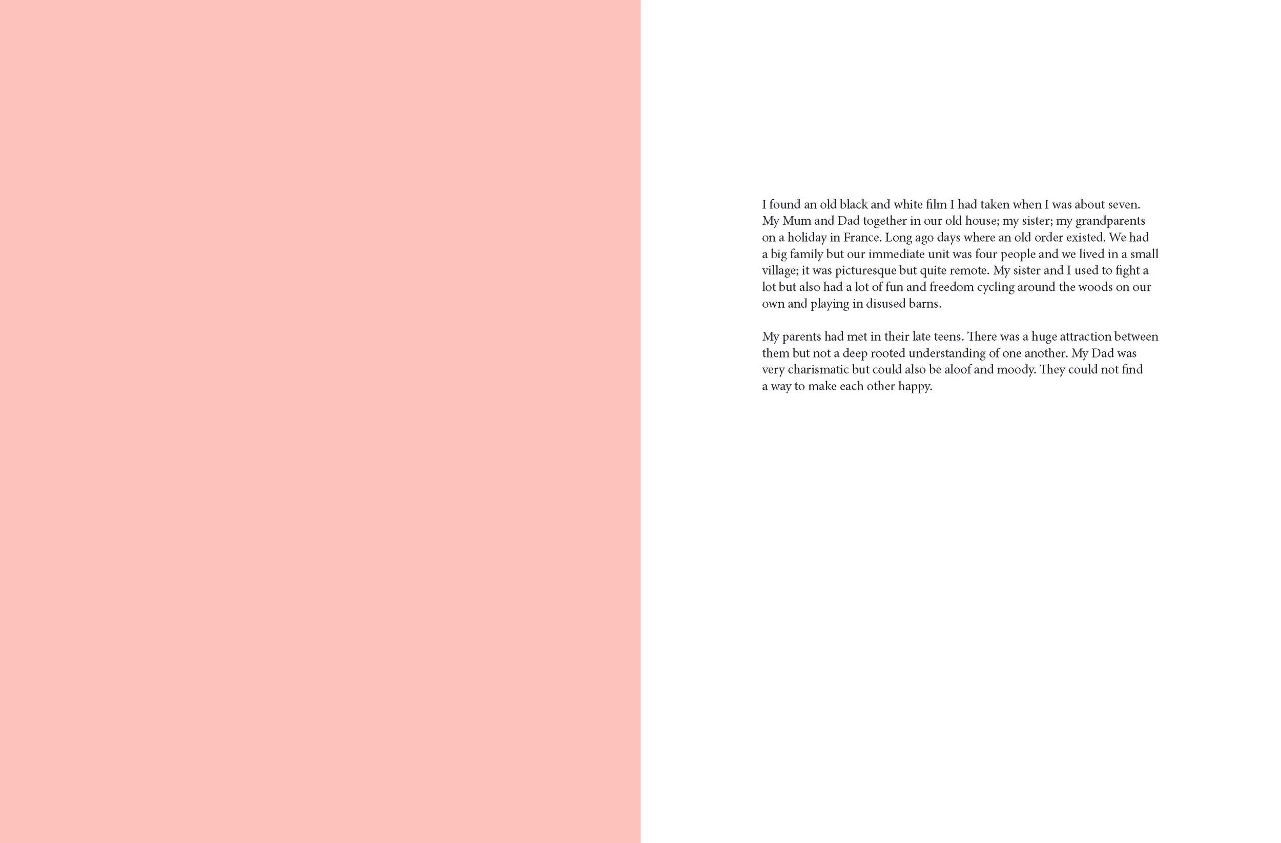 A two-page layout with a pink background on the left page and a white page with black text on the right.