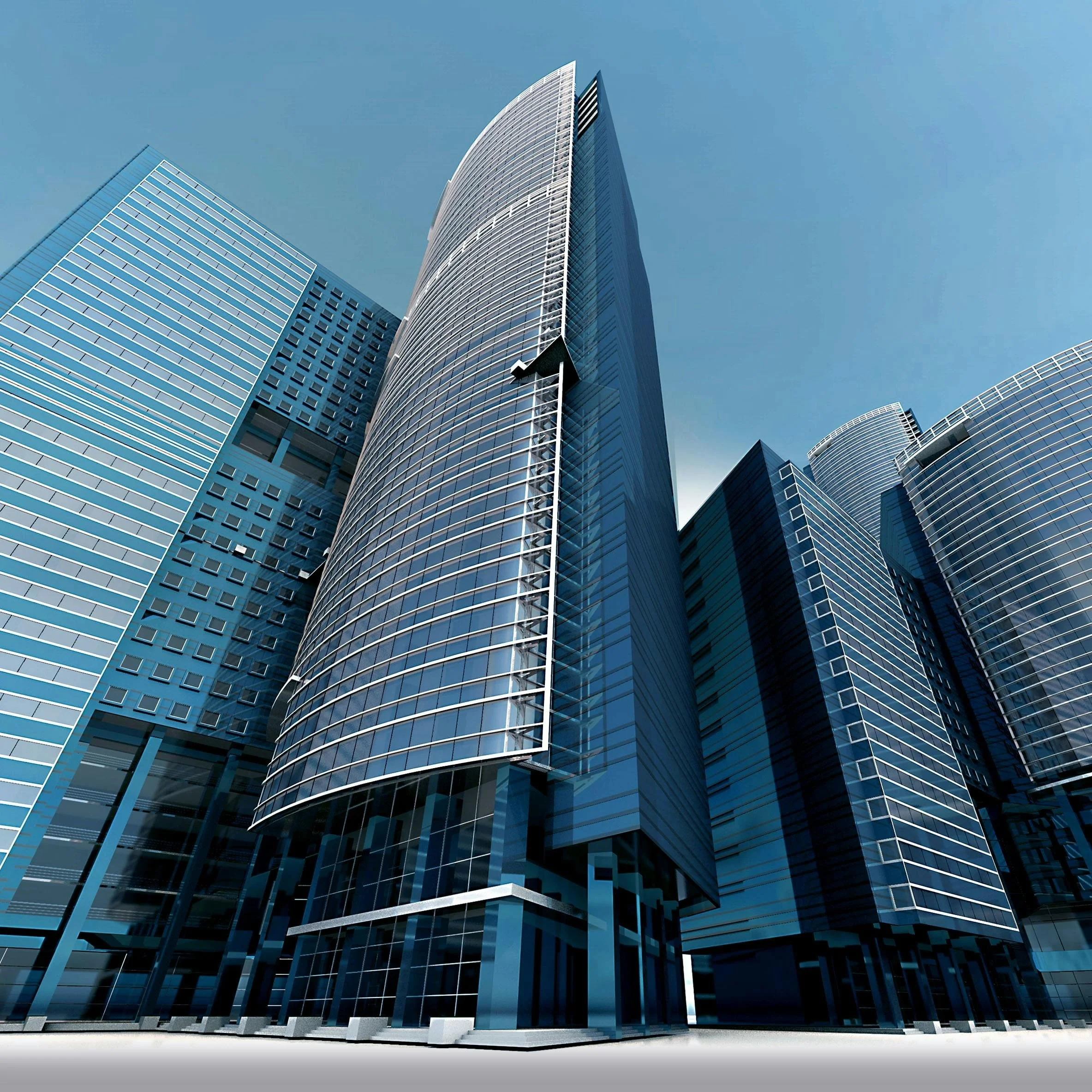 A modern glass skyscraper with a curved facade, part of a city skyline, under a clear blue sky.