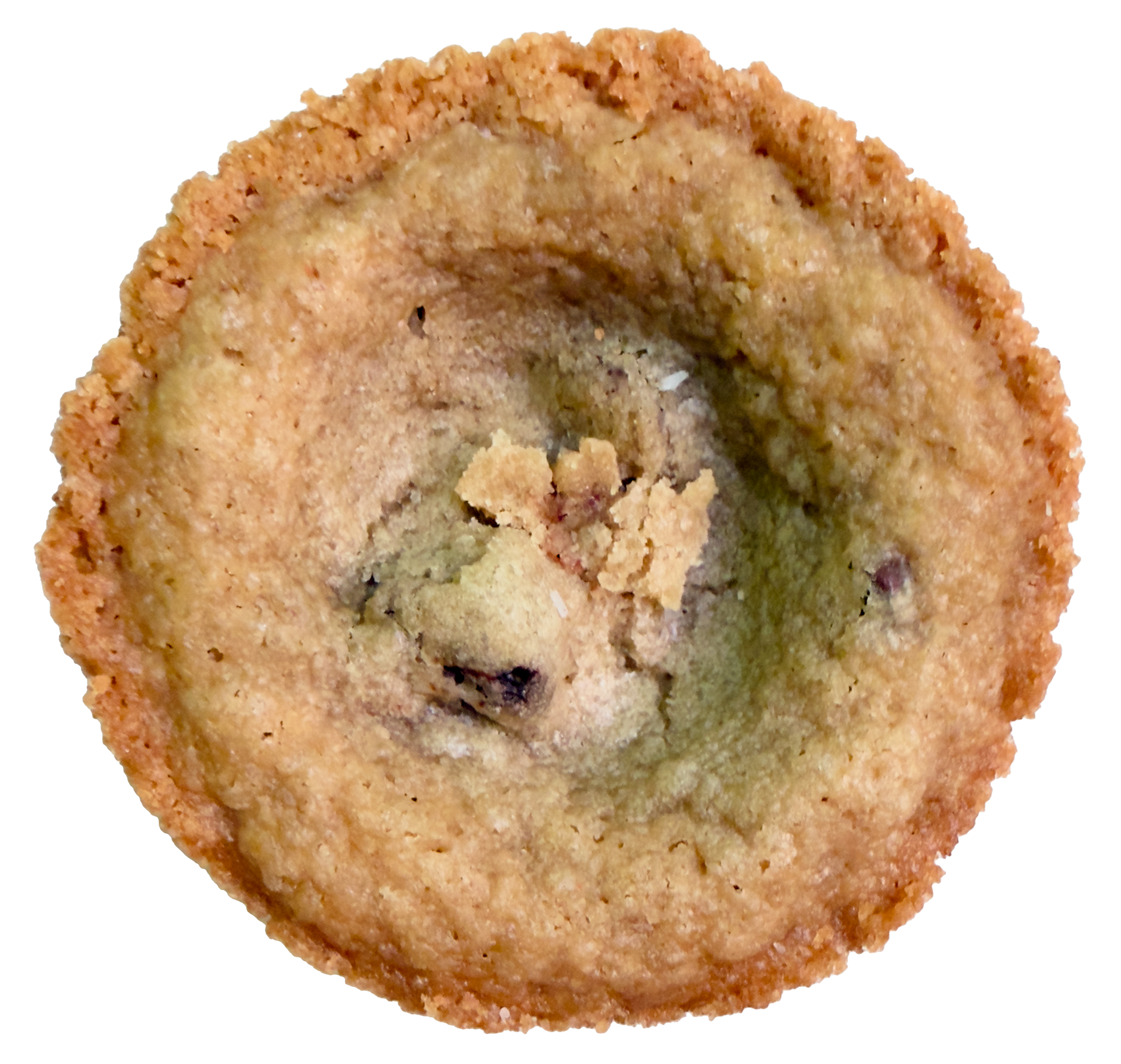 Close-up of a partially eaten chocolate chip cookie with a rough texture and visible chocolate chips against a black background.