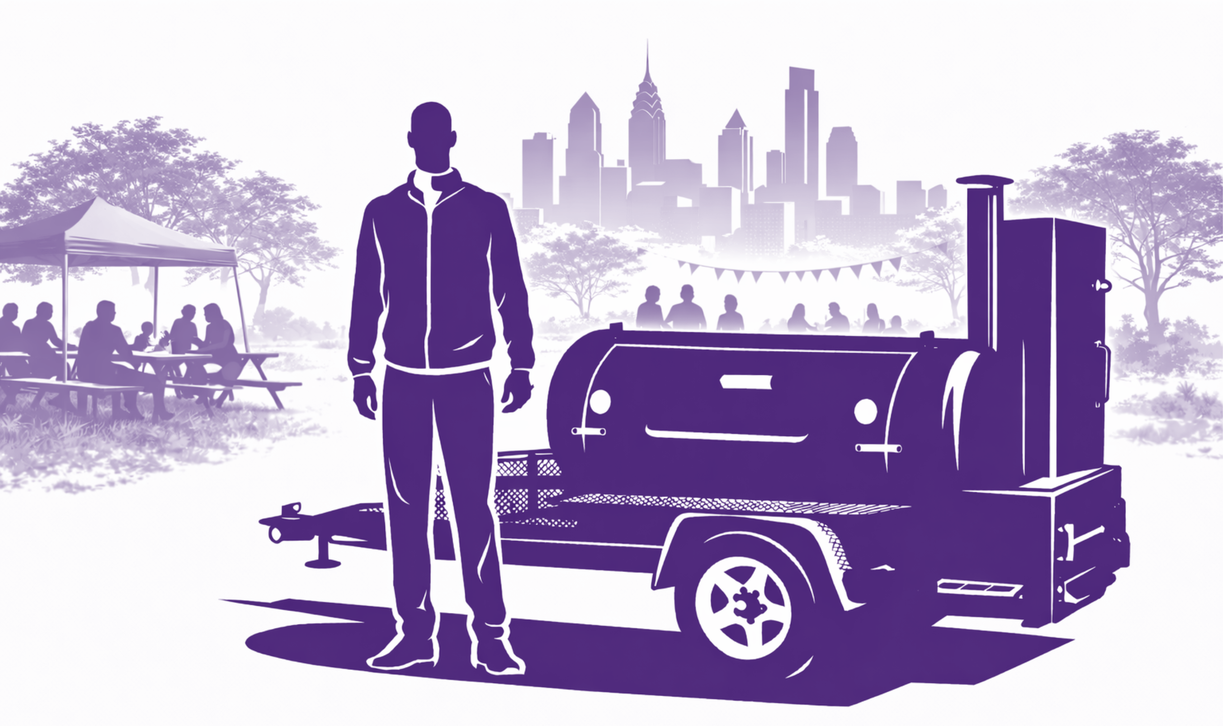 Silhouette of a man standing next to a food smoker in a park with a city skyline in the background, and people sitting at picnic tables under a tent.