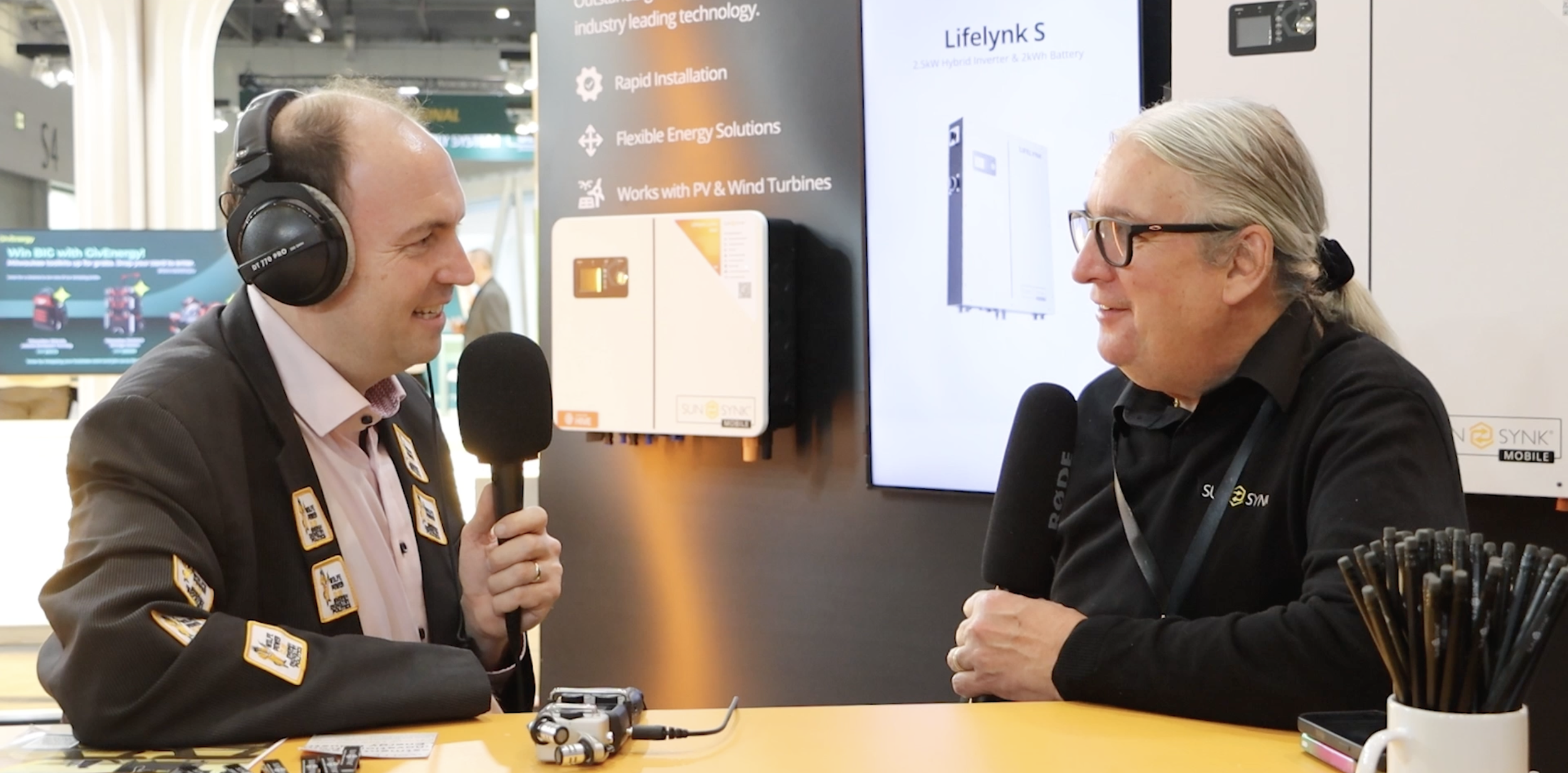 Wolfe Power Club Podcast interview with host Alex Wolfe and Sunsynk founder Keith Gough at Solar & Storage booth