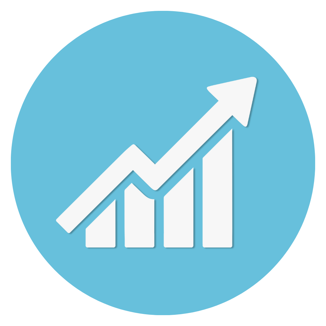 An upward trending white line graph with bars, set against a blue circular background.